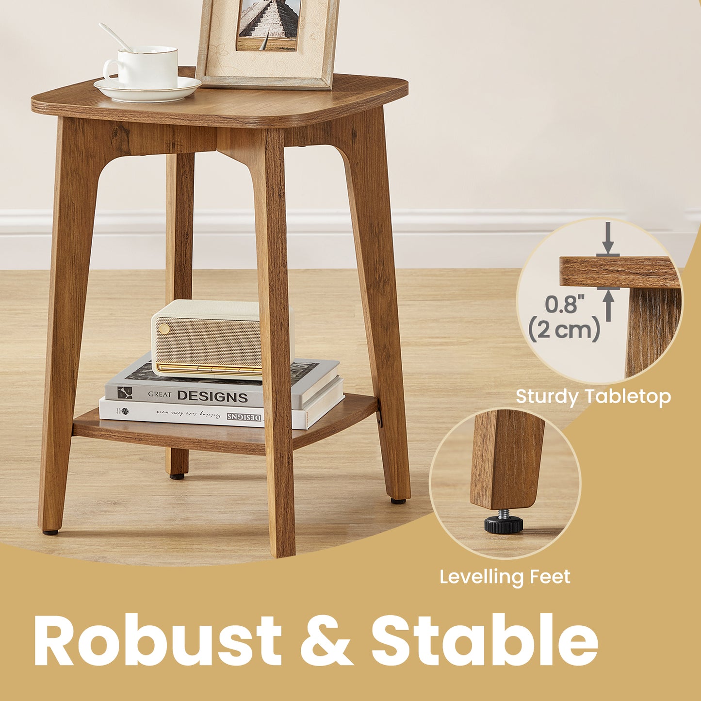 Modern Square Side Table with Lower Shelf, 2-Tier Small Space End Table, Nightstand, 15.7" Compact Accent Table, Honey Brown