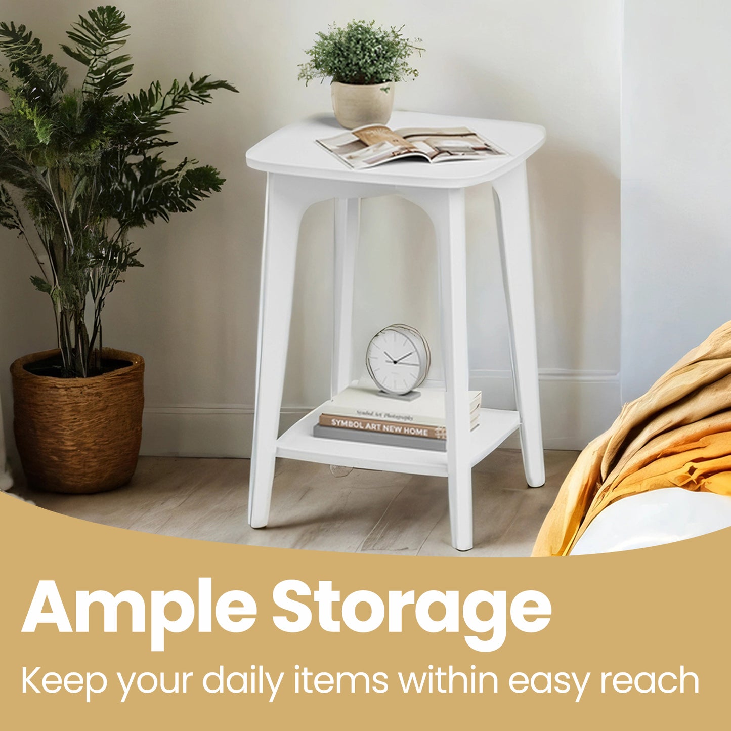 Modern Square Side Table with Lower Shelf, 2-Tier Space-Saving End Table, Nightstand, 15.7" Compact Accent Table, Cloud White