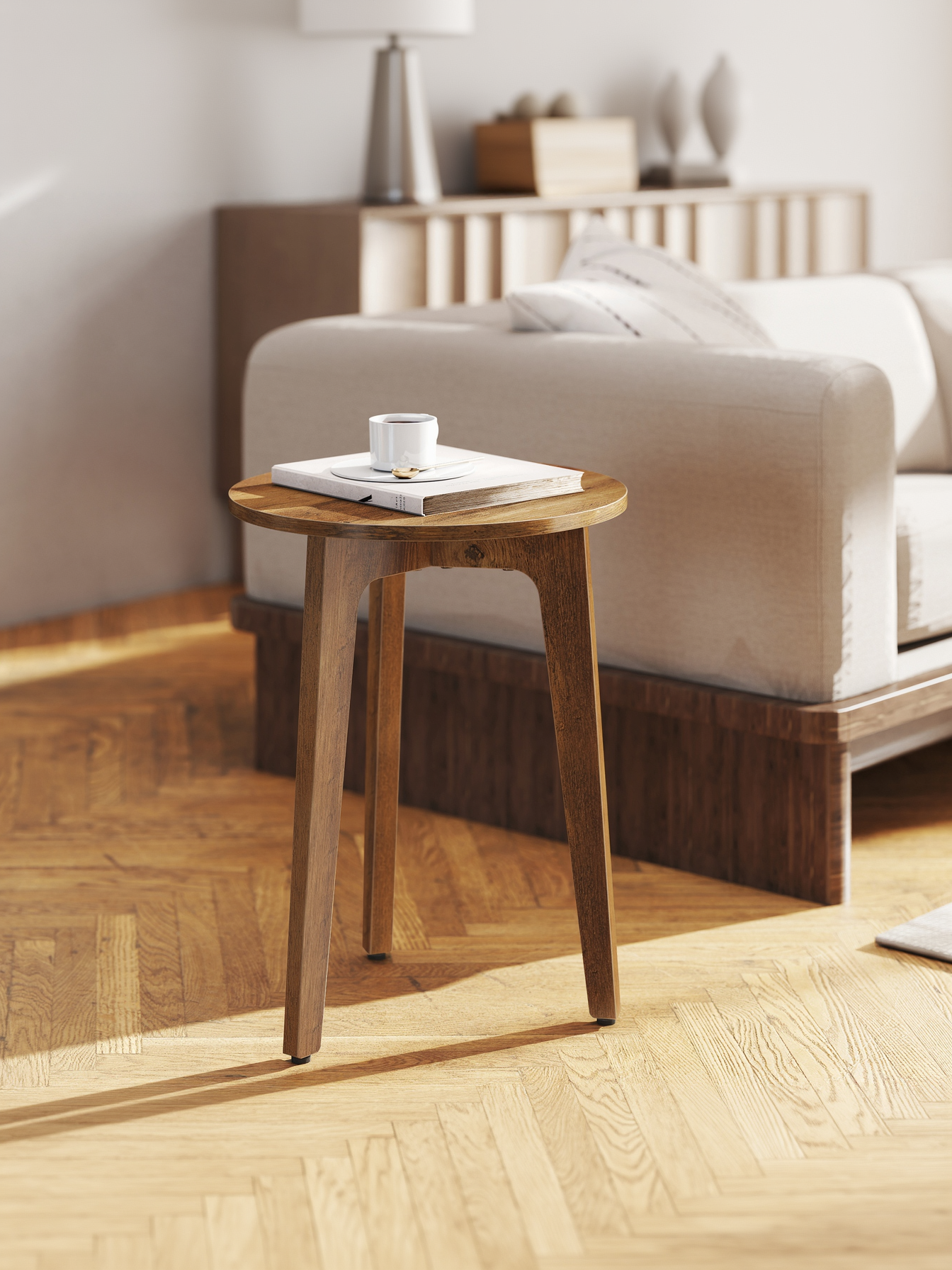 Round End Table for Living Room and Bedroom, Tapered Legs with Curved Design, Compact Nightstand for Small Spaces, Honey Brown