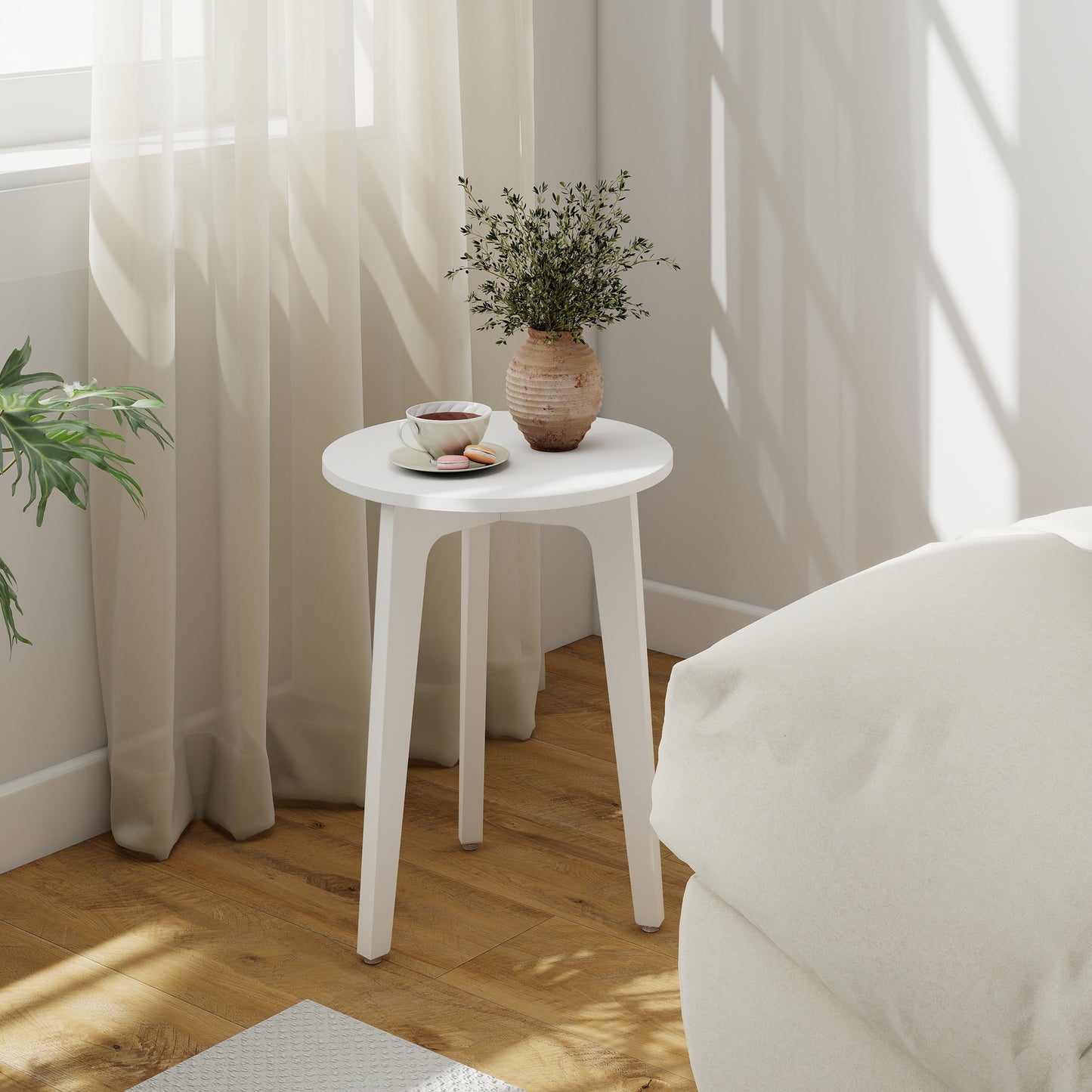 Small Round Side Table with Tapered Legs, Compact Nightstand for Small Spaces, Curved Transitions, Living Room & Bedroom, Cloud White