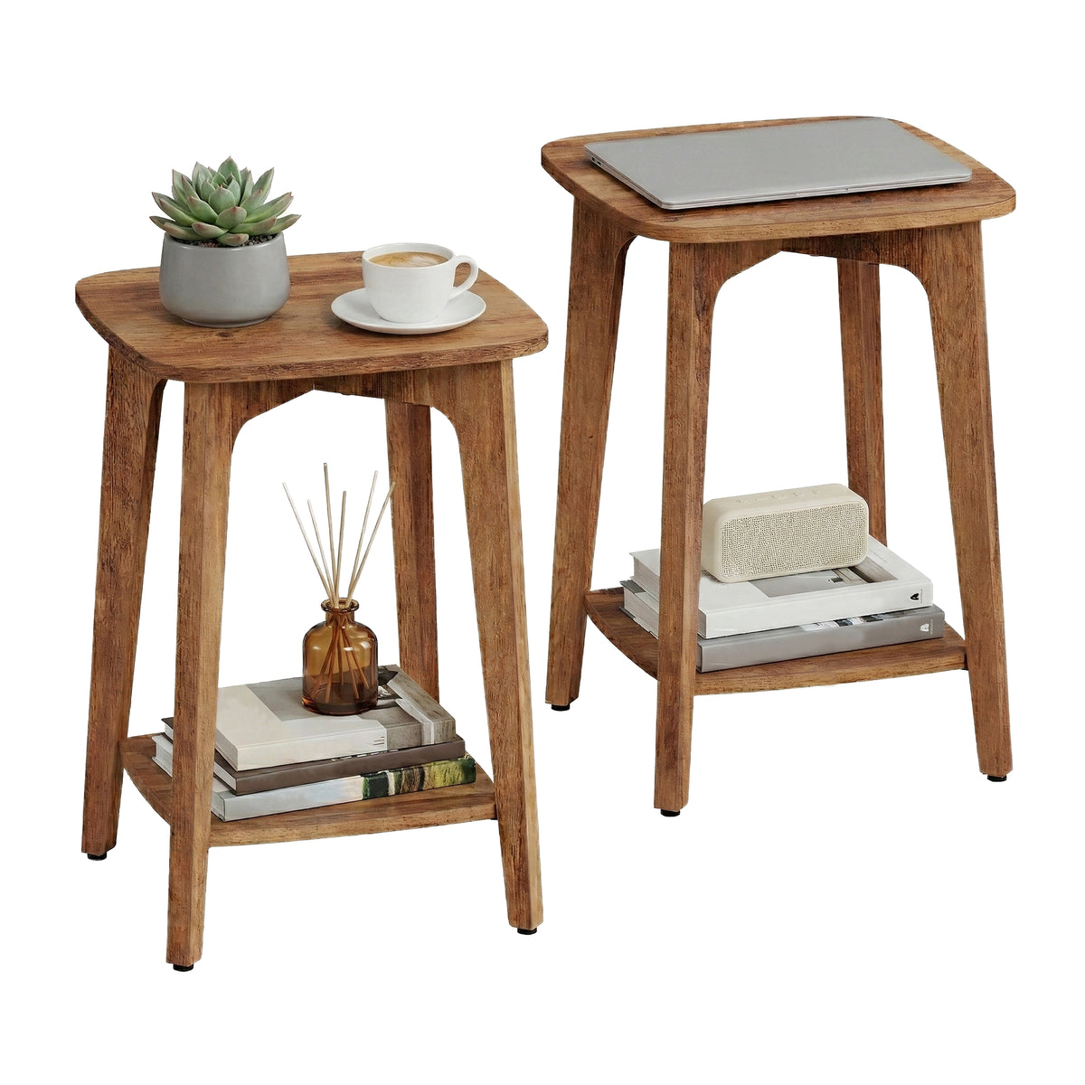LEDREM Small End Tables, Set of 2, Side Tables with Lower Shelf, Nightstands for Living Room, Bedroom, Brown