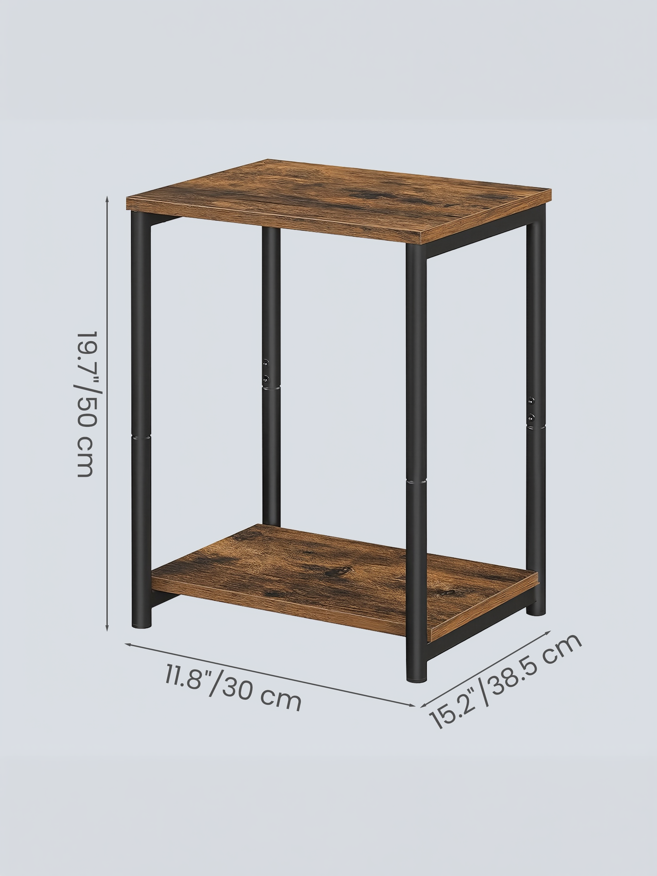 Small End Table with 2-Tier Storage, Industrial Nightstand for Living Room, Bedroom, Office, 15.2 x 19.7 x 11.8 Inches, Rustic Brown and Black