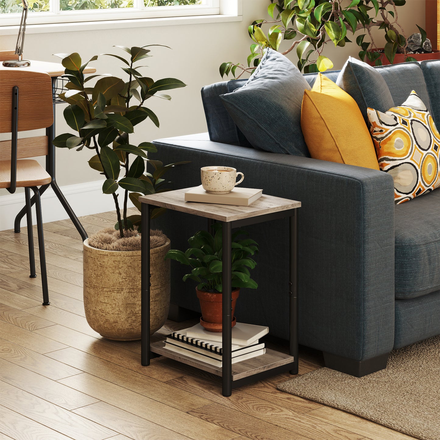 Small End Table with 2-Tier Storage, Industrial Nightstand for Living Room, Bedroom, Office, 15.2 x 19.7 x 11.8 Inches, Greige and Black