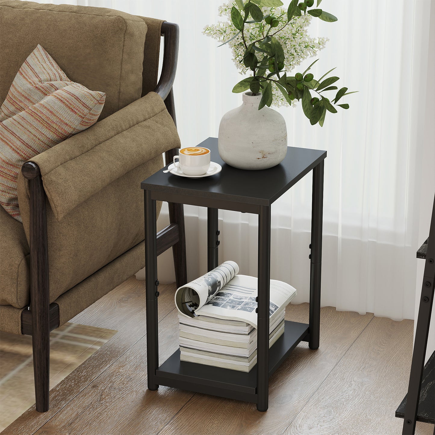 Slim Side Table, Small End Table with 2-Tier Storage & Adjustable Feet, 19.7 Inch Narrow Nightstand, Black