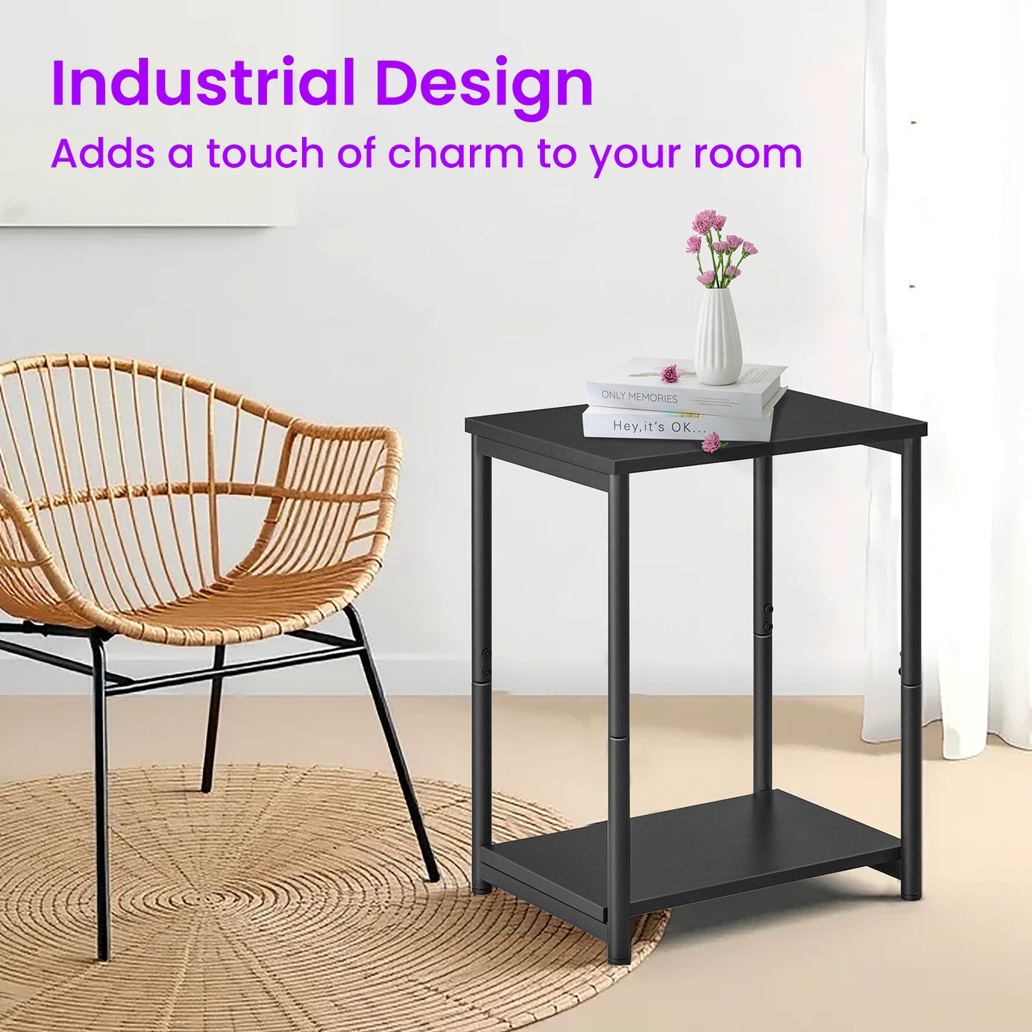 Side Tables Set of 2, Slim Industrial End Tables with Storage Shelf, Sturdy Steel Frame & Particleboard, Multi-Use for Living Room, Bedroom, Office, Black