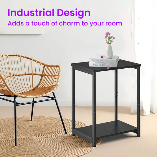 Side Tables Set of 2, Slim Industrial End Tables with Storage Shelf, Sturdy Steel Frame & Particleboard, Multi-Use for Living Room, Bedroom, Office, Black