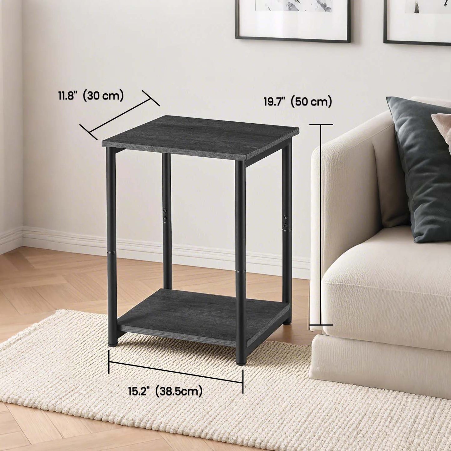 Set of 2 Slim Side Tables with Adjustable Feet, 15.2 Inch Small End Tables for Living Room Bedroom, Misty Gray and Black