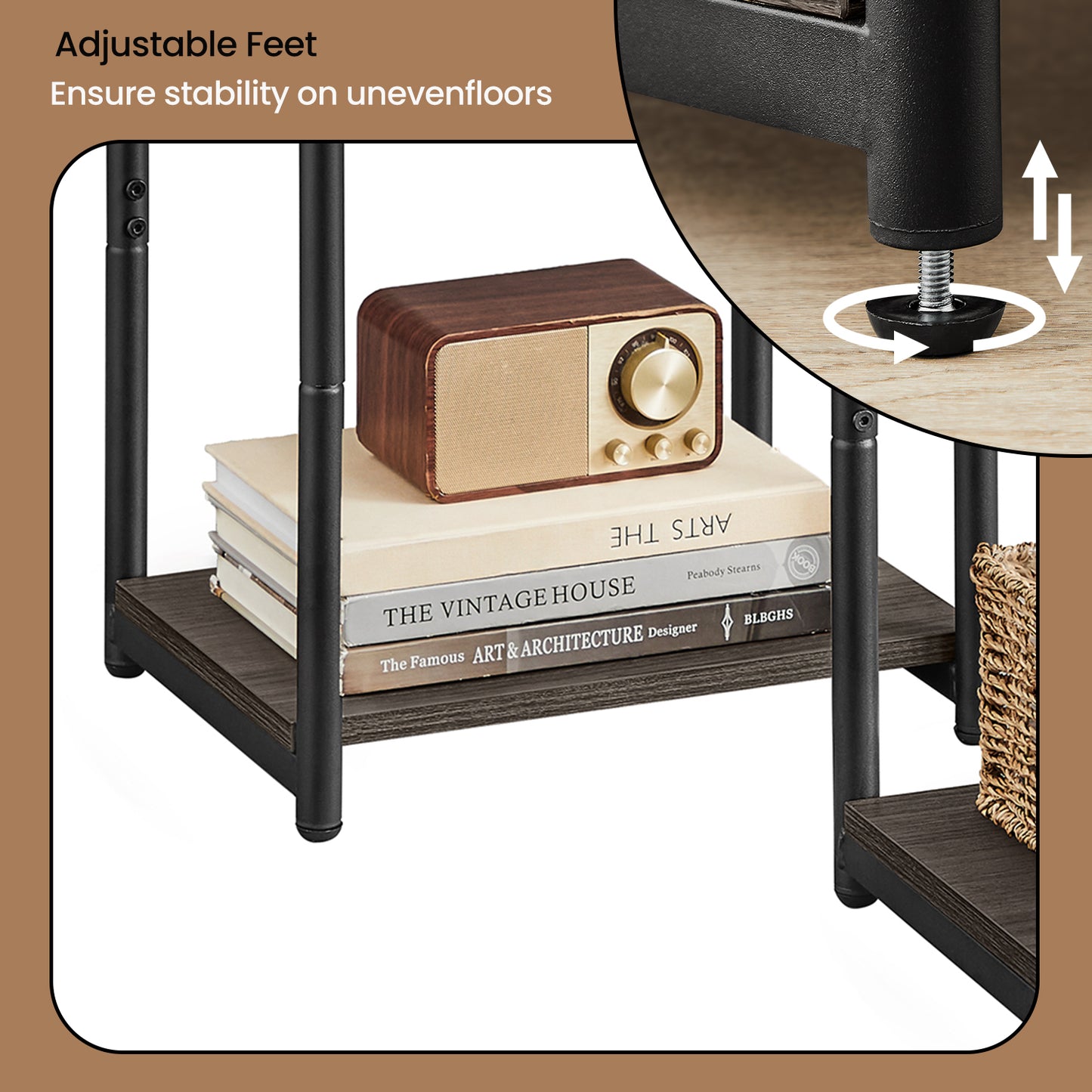 Side Tables Set of 2, Slim Industrial End Tables with Storage Shelf, Sturdy Steel Frame & Particleboard, Multi-Use for Living Room，Bedroom，Office, Chestnut Brown & Black