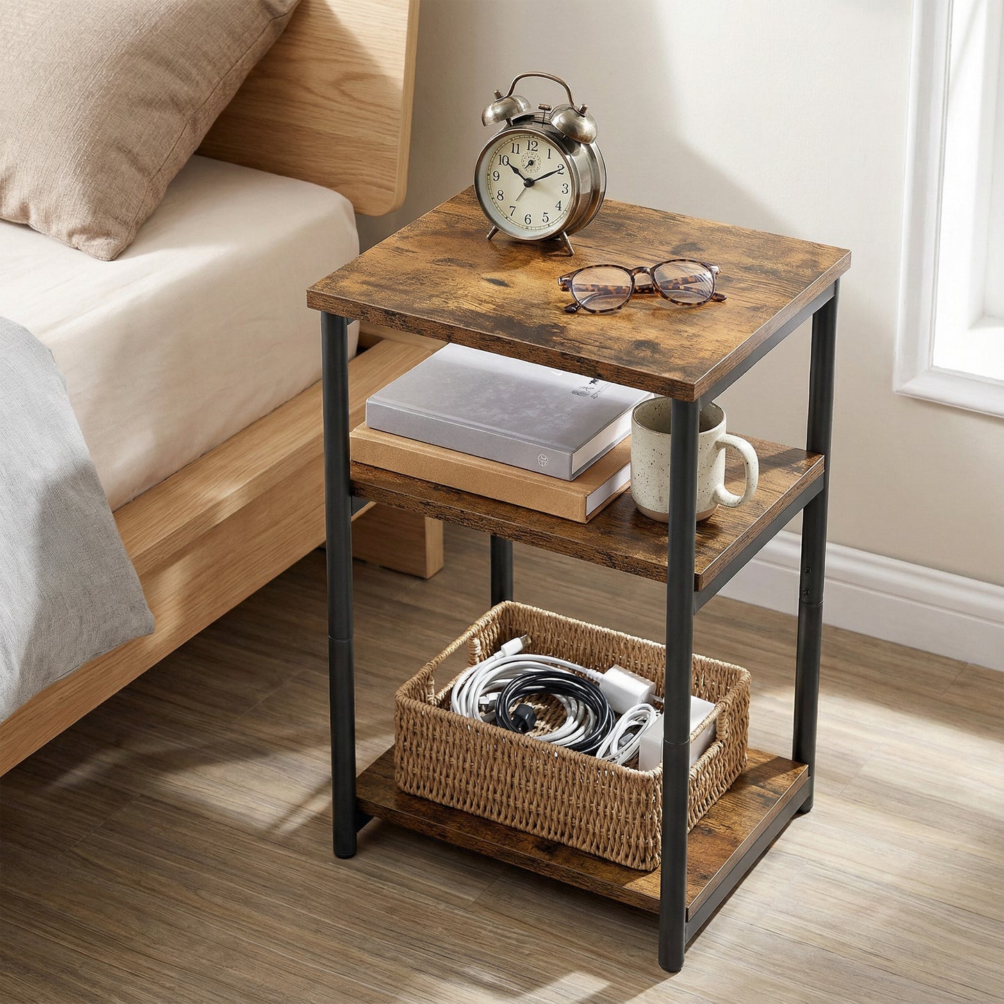 Small End Table with 3-Tier Open Storage, Industrial Tall Nightstand for Living Room, Bedroom, Office, Rustic Brown and Classic Black