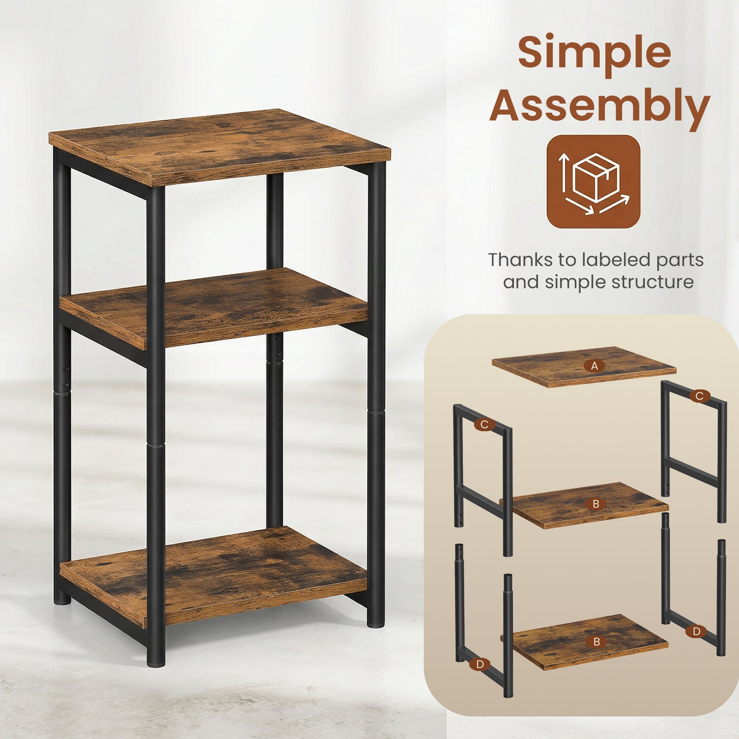 Small End Table with 3-Tier Open Storage, Industrial Tall Nightstand for Living Room, Bedroom, Office, Rustic Brown and Classic Black