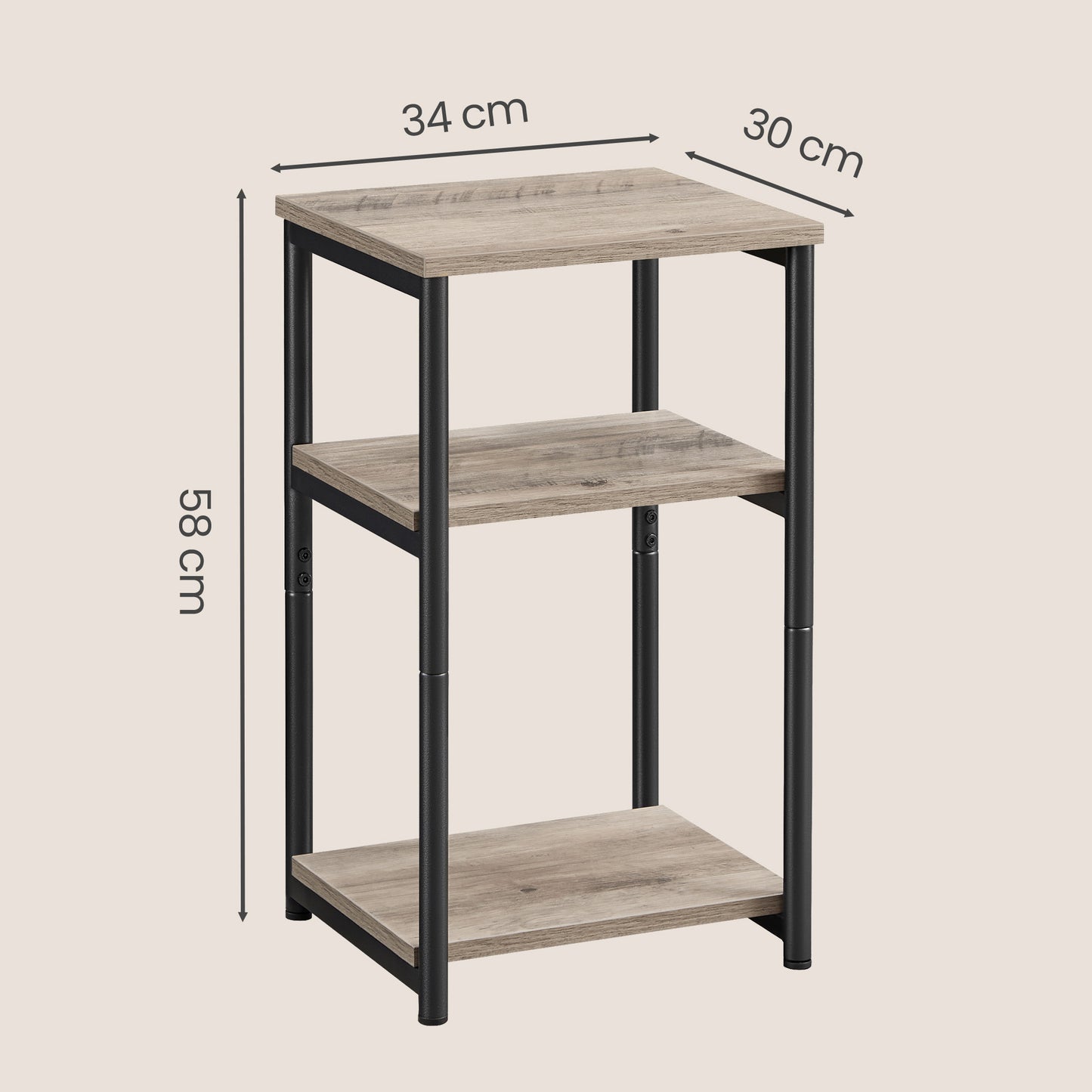 Small End Table with 3-Tier Storage, Industrial Tall Nightstand for Living Room, Bedroom, Office, Greige and Classic Black