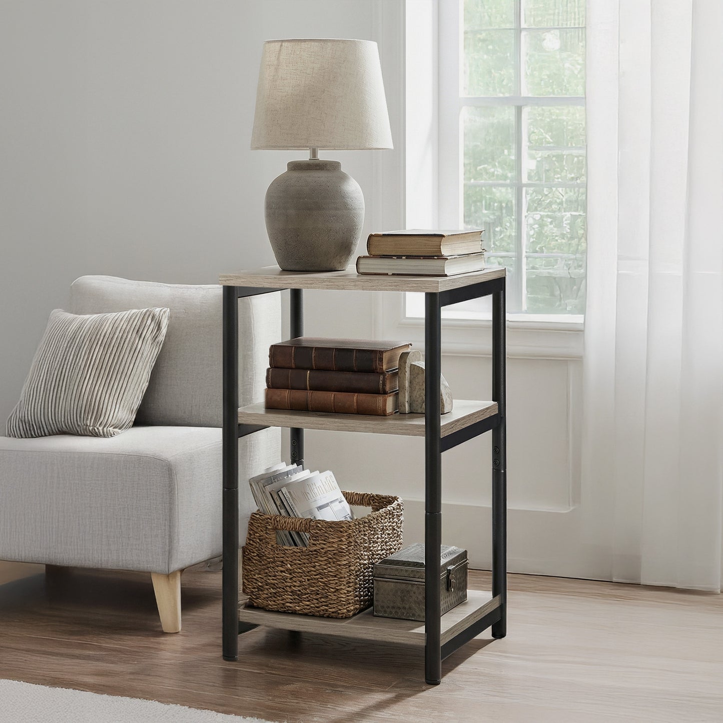 Small End Table with 3-Tier Storage, Industrial Tall Nightstand for Living Room, Bedroom, Office, Greige and Classic Black