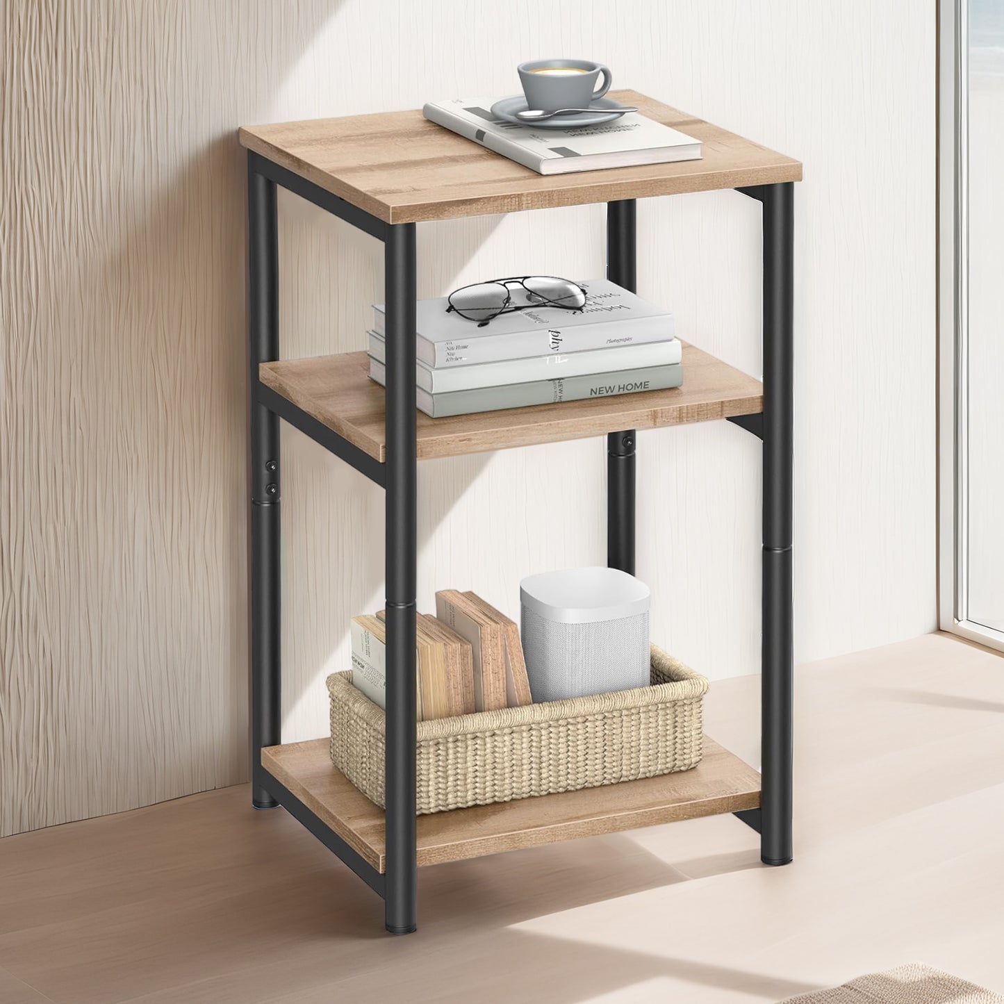 3-Tier Tall End Table, Small Side Table with Open Shelves for Living Room, Bedroom and Office, Camel Brown and Classic Black
