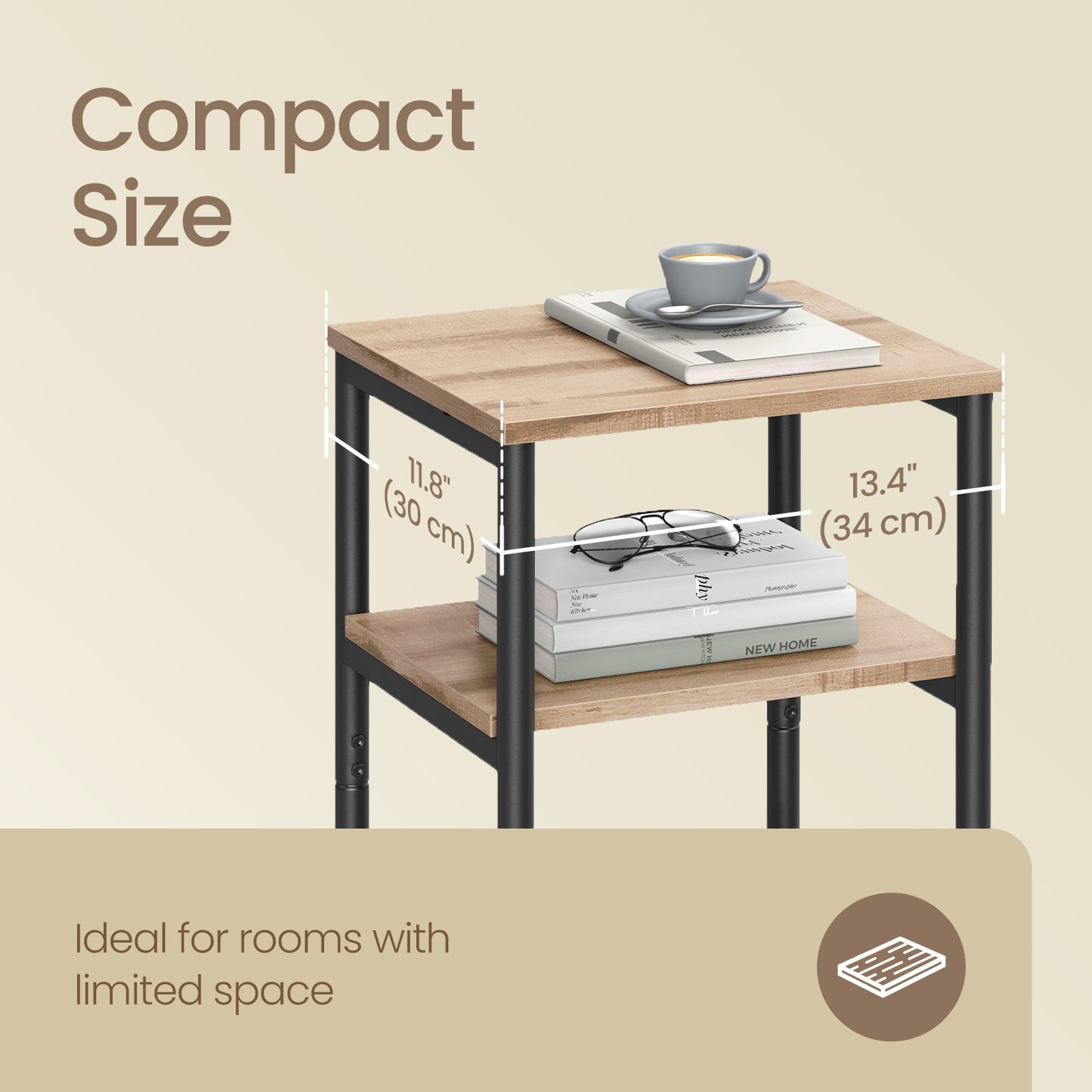 3-Tier Tall End Table, Small Side Table with Open Shelves for Living Room, Bedroom and Office, Camel Brown and Classic Black