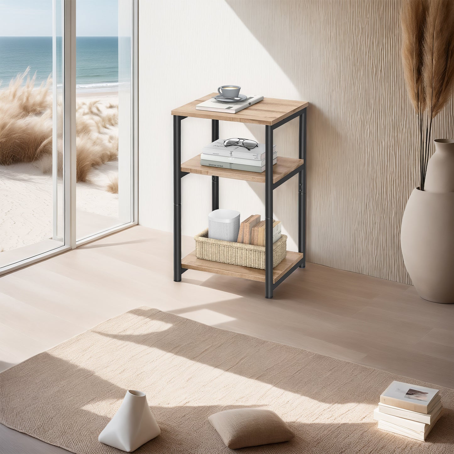 3-Tier Tall End Table, Small Side Table with Open Shelves for Living Room, Bedroom and Office, Camel Brown and Classic Black