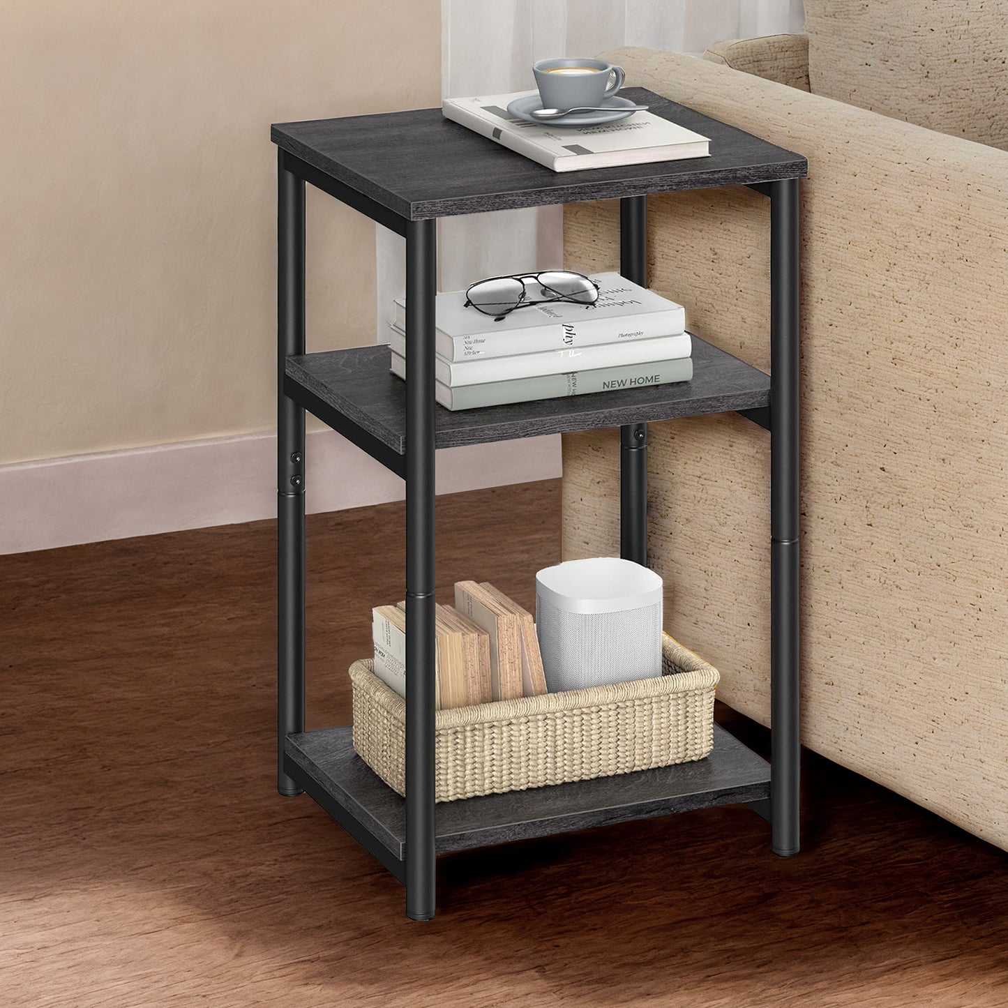 Small End Table with 3-Tier Storage, Tall Nightstand for Living Room, Bedroom, Office, Misty Gray and Classic Black