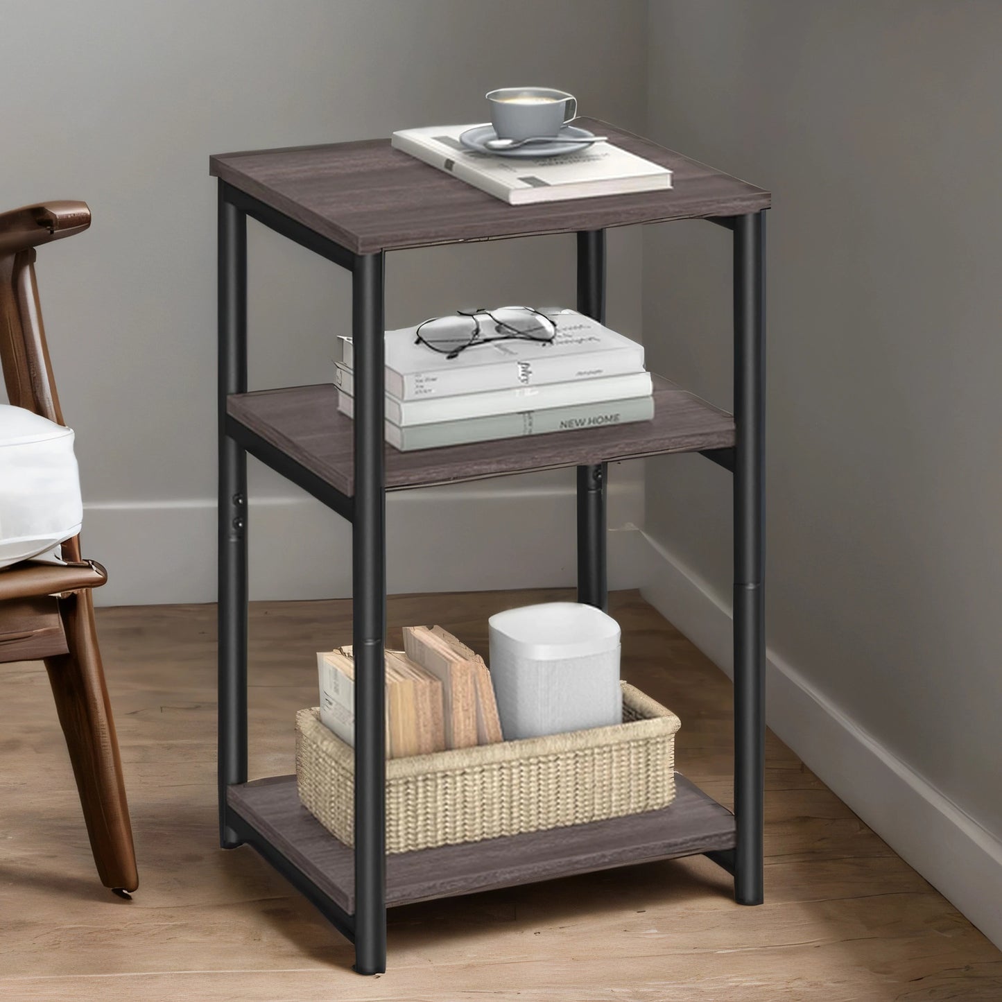 Small End Table with 3-Tier Storage, Industrial Tall Nightstand for Living Room, Bedroom, Office, Chestnut Brown and Classic Black