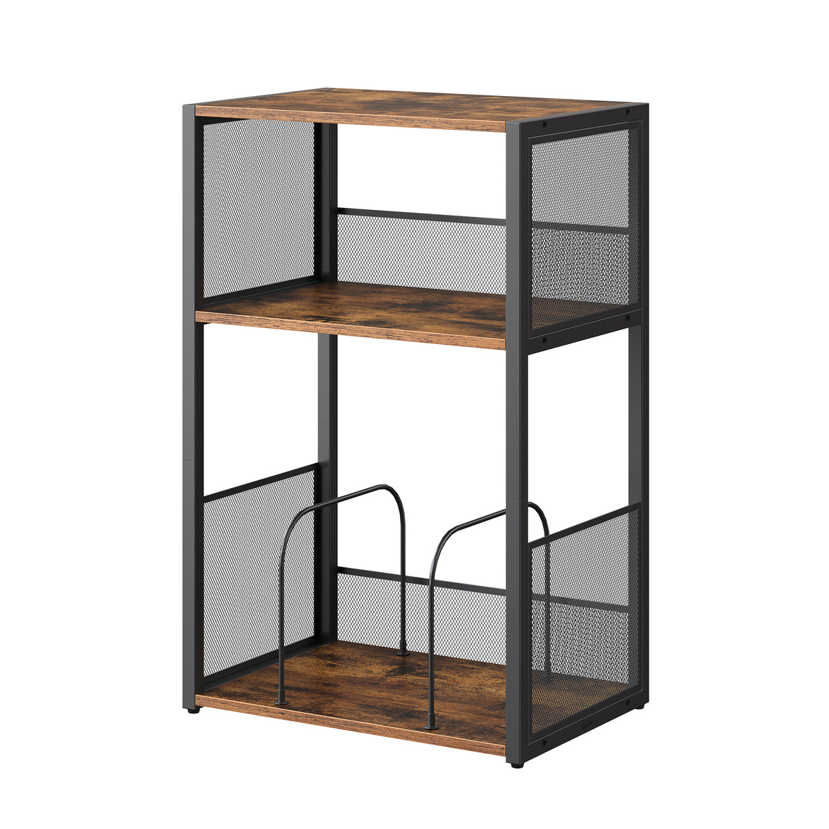 LEDREM Record Player Stand with 3-Tier Vinyl Storage, Traditional Basic End Table, 16.9 x 11.8 x 27.1 inches, Tan and Black