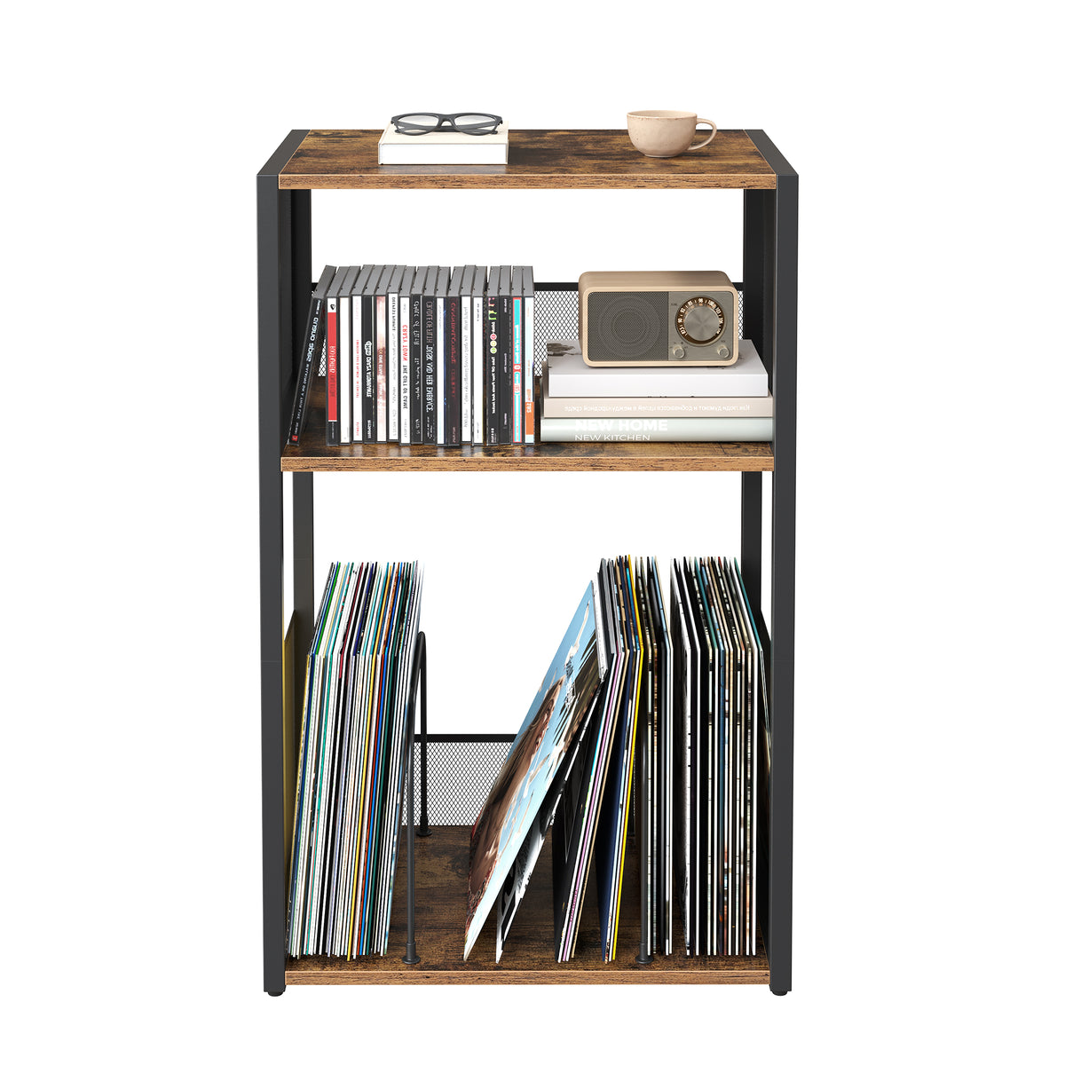 LEDREM Record Player Stand with 3-Tier Vinyl Storage, Traditional Basic End Table, 16.9 x 11.8 x 27.1 inches, Tan and Black