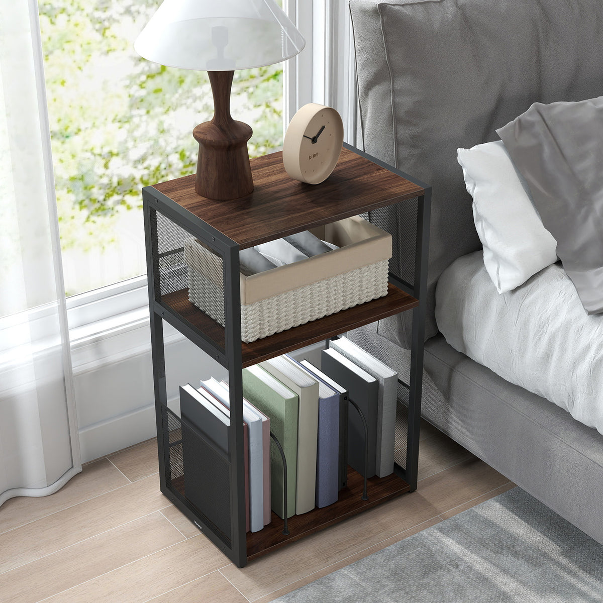 LEDREM Record Player Stand with 3-Tier Vinyl Storage, Traditional basic End Table, 16.9 x 11.8 x 27.1 inches, Tan and Black