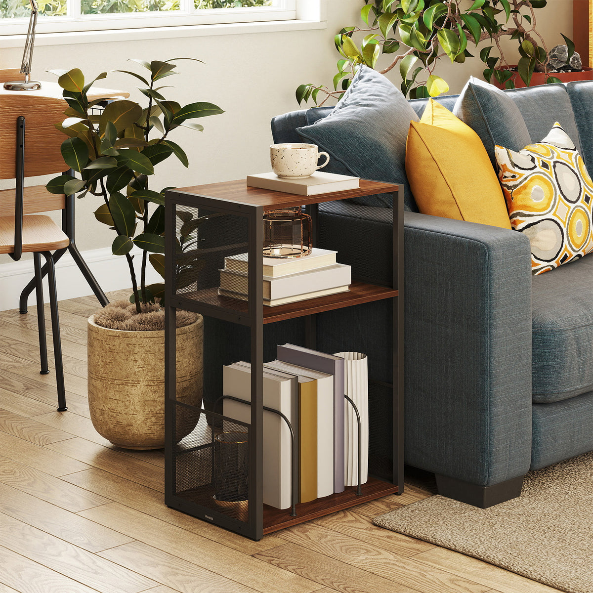 LEDREM Record Player Stand with 3-Tier Vinyl Storage, Traditional basic End Table, 16.9 x 11.8 x 27.1 inches, Tan and Black
