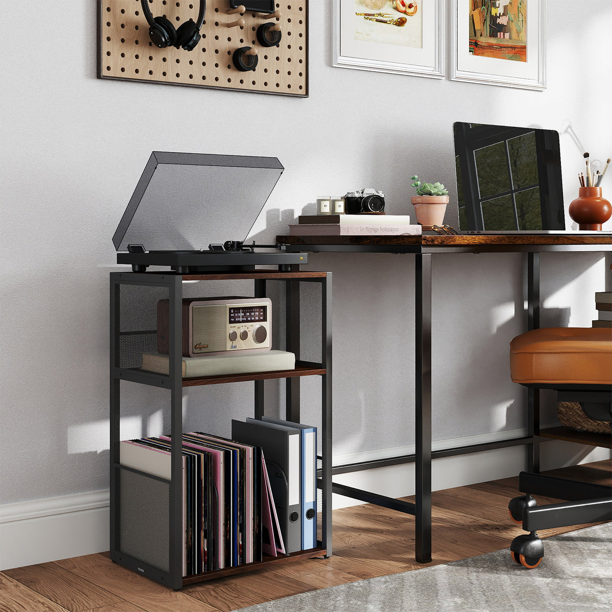 LEDREM Record Player Stand with 3-Tier Vinyl Storage, Traditional basic End Table, 16.9 x 11.8 x 27.1 inches, Tan and Black