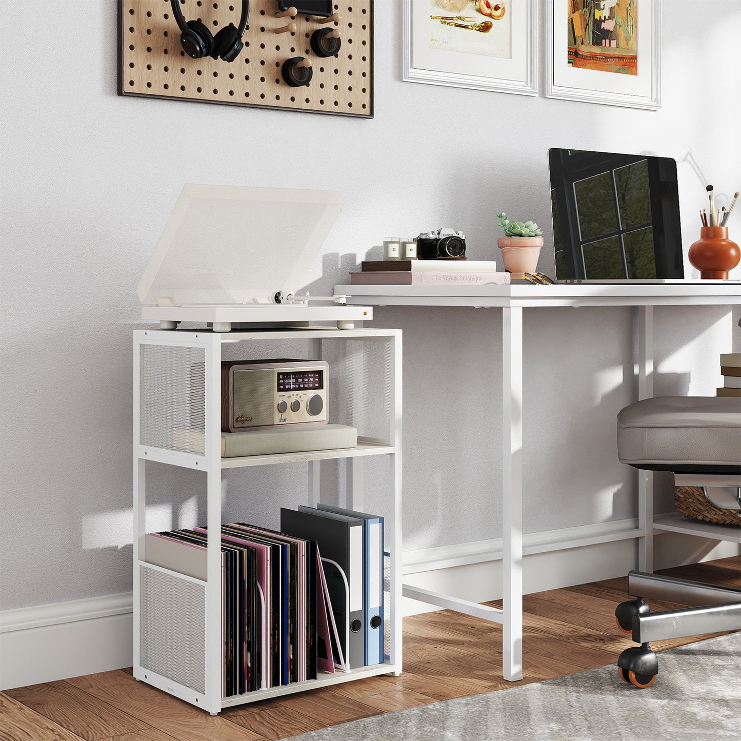 3-Tier Record Player Stand, Vinyl Record Storage for up to 100 Albums, Side End Table for Living Room and Bedroom, Rustic White