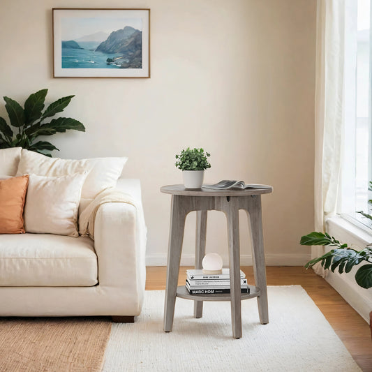 Modern Round Side Table with Lower Shelf, 2-Tier End Table for Living Room & Bedroom, Space-Saving Nightstand with Angled Legs, Greige