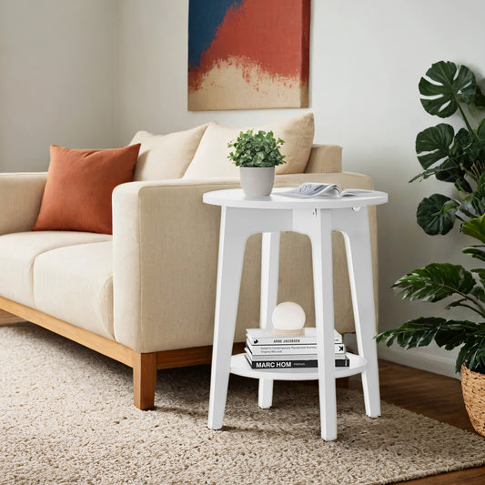 Round End Table with Lower Shelf - Modern 2-Tier Nightstand for Living Room, Bedroom, Space-Saving Design, Sturdy Particleboard, White