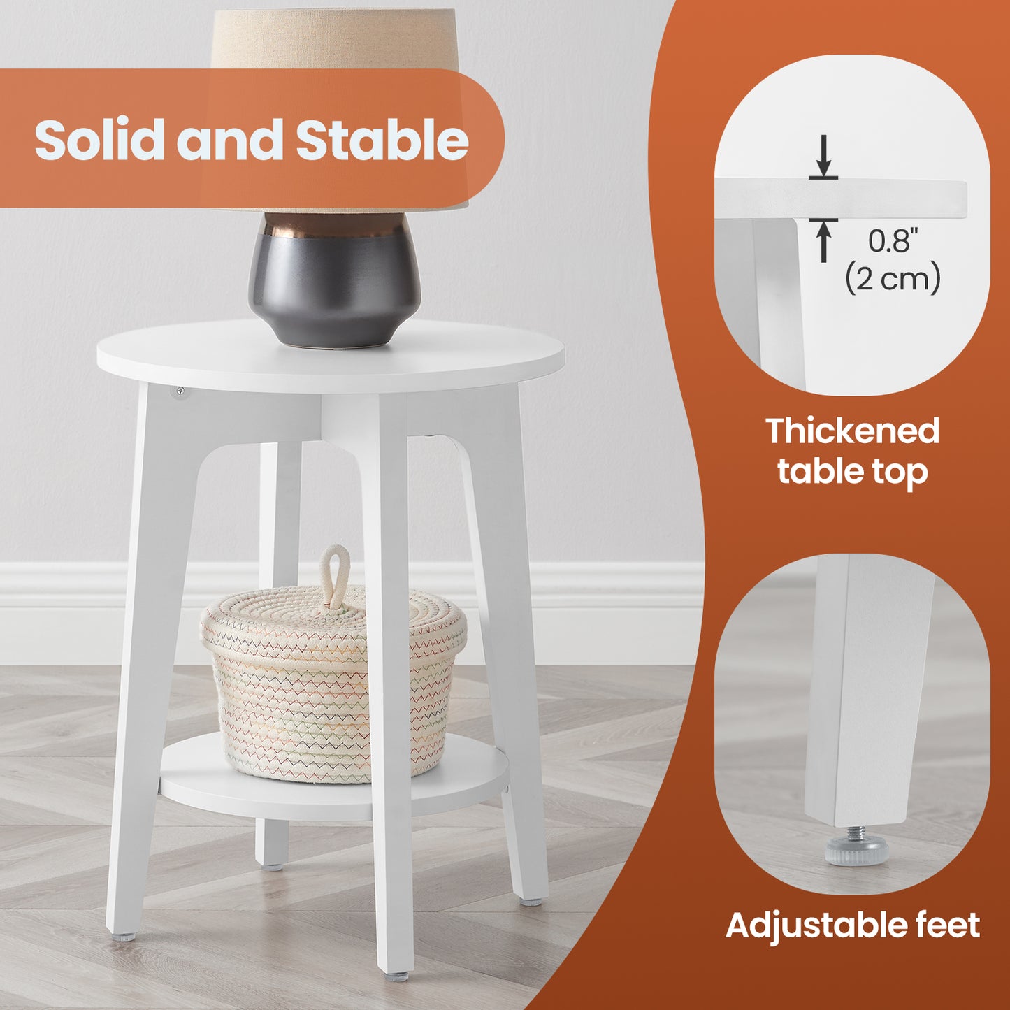 Round End Table with Lower Shelf - Modern 2-Tier Nightstand for Living Room, Bedroom, Space-Saving Design, Sturdy Particleboard, White