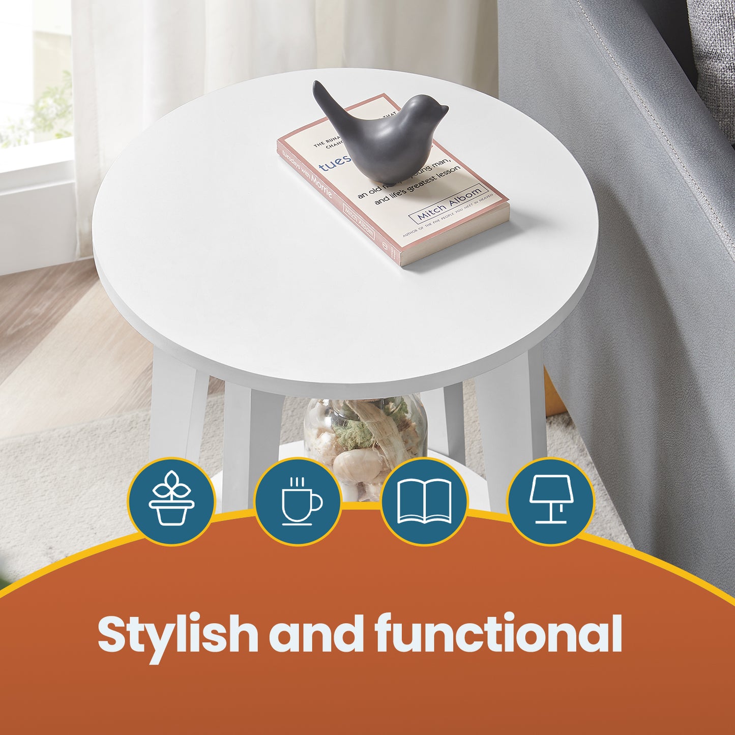 Round End Table with Lower Shelf - Modern 2-Tier Nightstand for Living Room, Bedroom, Space-Saving Design, Sturdy Particleboard, White