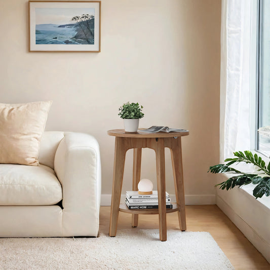 Round 2-Tier Side Table with Lower Shelf, End Table for Small Spaces, Holds 198lb, Quick Assembly, Living Room, Bedroom, Rustic Walnut