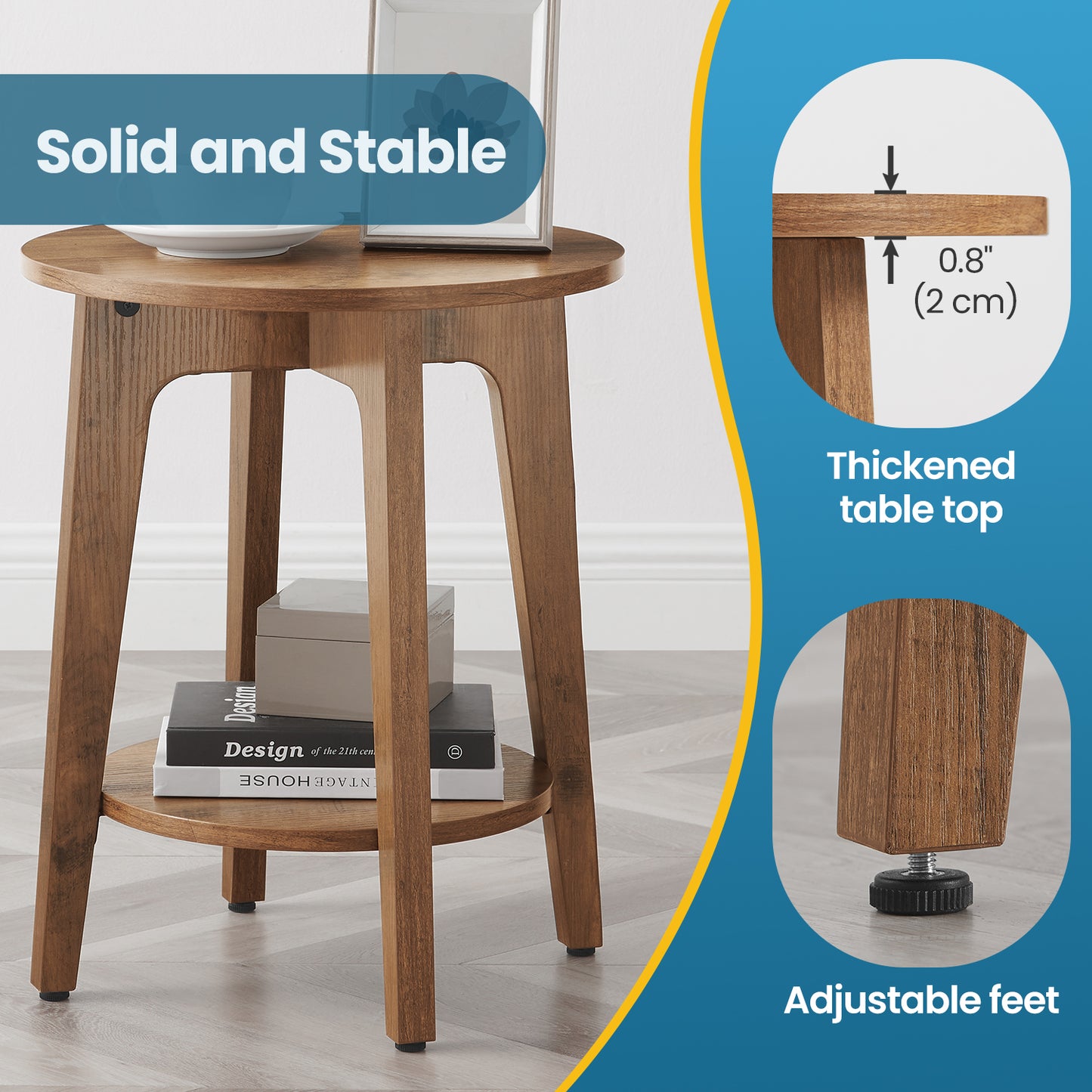 Round 2-Tier Side Table with Lower Shelf, End Table for Small Spaces, Holds 198lb, Quick Assembly, Living Room, Bedroom, Rustic Walnut