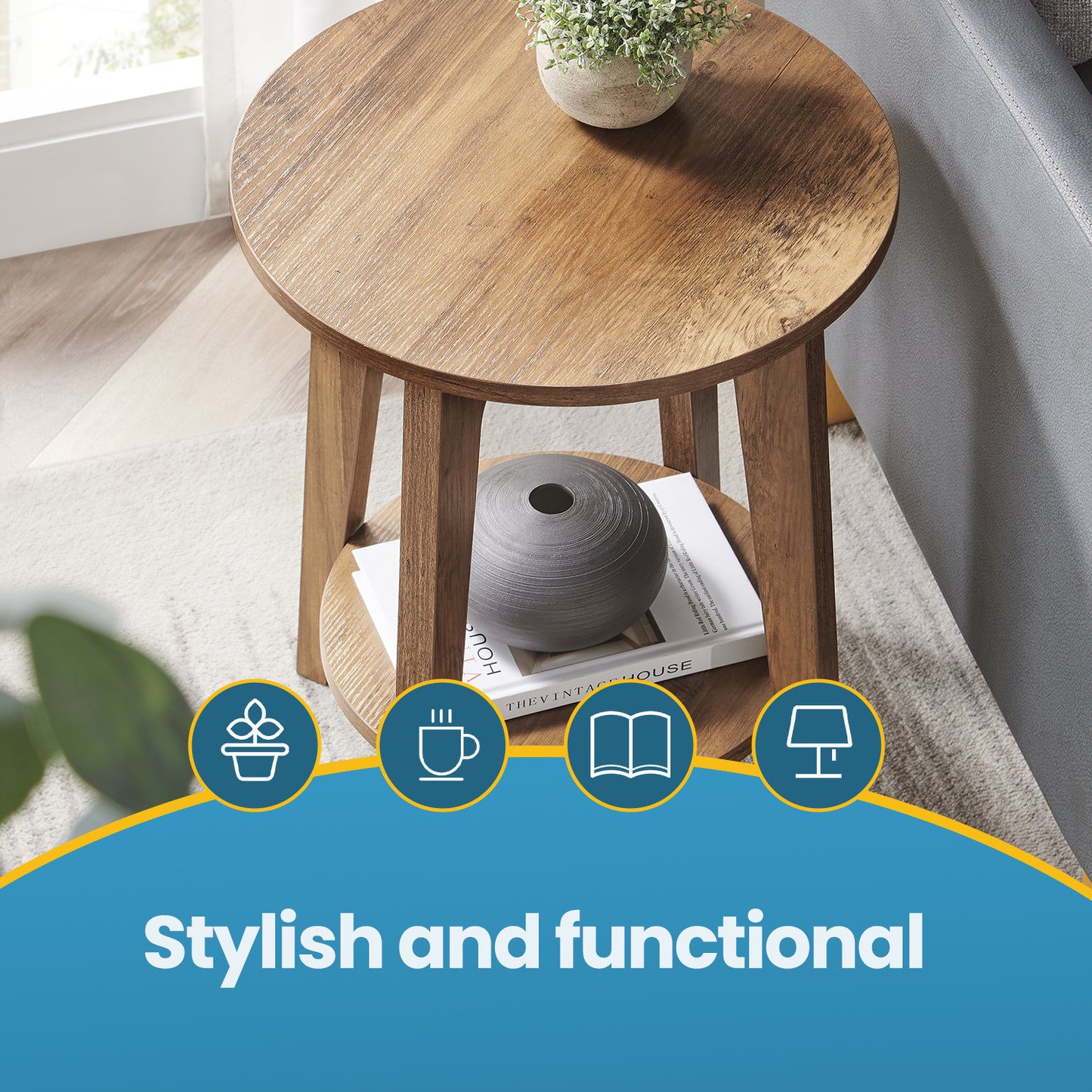 Round 2-Tier Side Table with Lower Shelf, End Table for Small Spaces, Holds 198lb, Quick Assembly, Living Room, Bedroom, Rustic Walnut