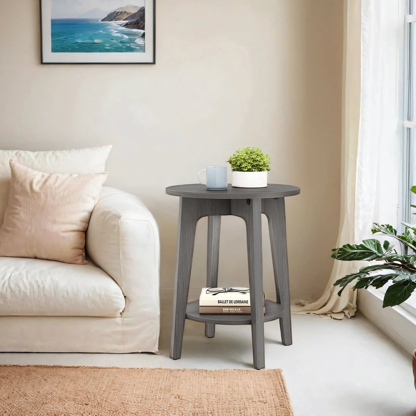 Round End Table with Lower Shelf, 2-Tier Small Side Table for Living Room, Bedroom, Nightstand, Space-Saving Modern Design, Smoky Gray