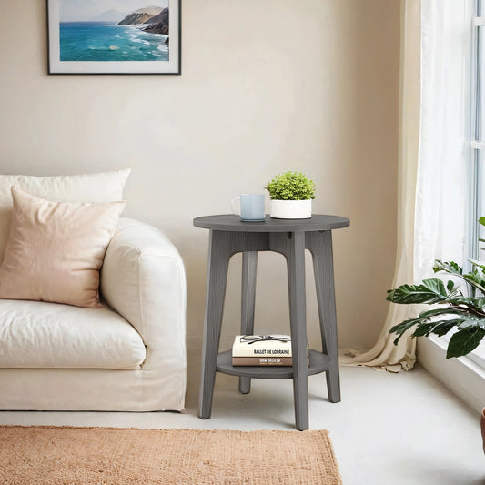Round End Table with Lower Shelf, 2-Tier Small Side Table for Living Room, Bedroom, Nightstand, Space-Saving Modern Design, Smoky Gray
