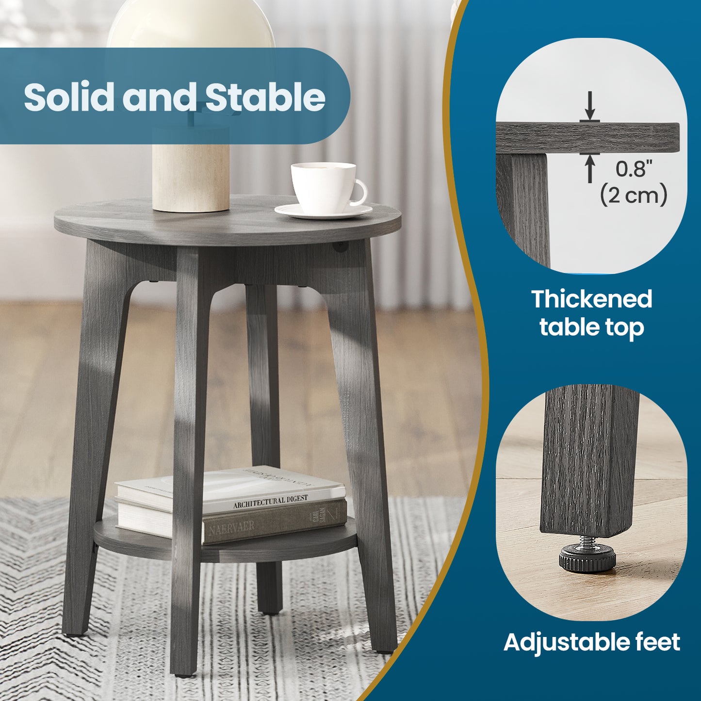 Round End Table with Lower Shelf, 2-Tier Small Side Table for Living Room, Bedroom, Nightstand, Space-Saving Modern Design, Smoky Gray