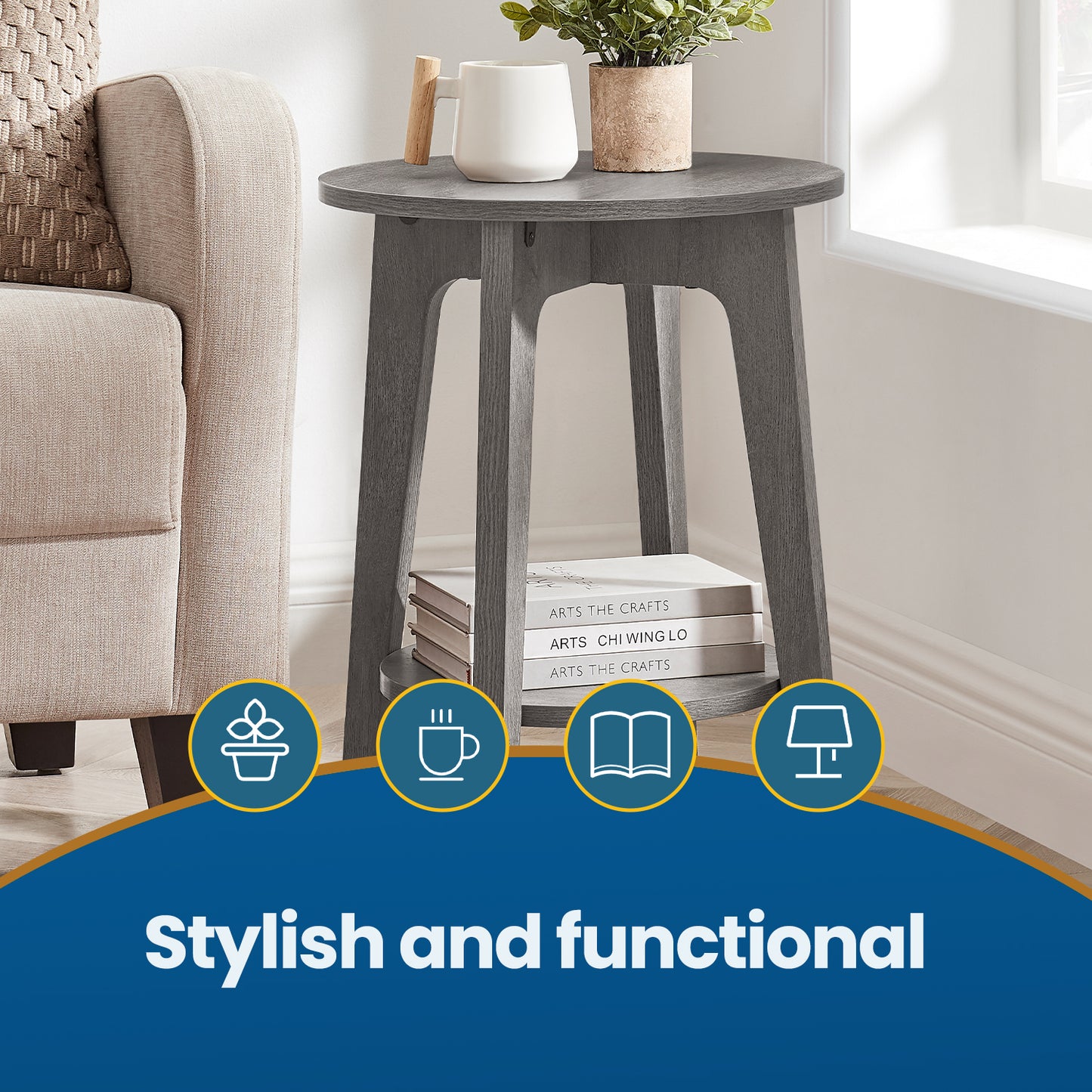 Round End Table with Lower Shelf, 2-Tier Small Side Table for Living Room, Bedroom, Nightstand, Space-Saving Modern Design, Smoky Gray