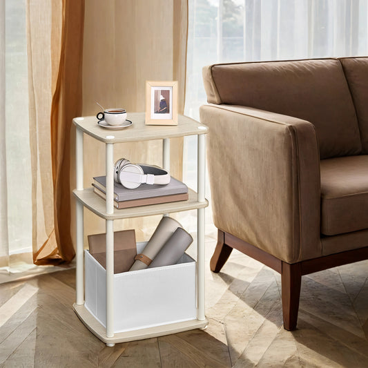 3-Tier End Table with Fabric Basket, Toolless Assembly Steel Frame Nightstand, Space-Saving Storage for Bedroom Living Room, Natural Beige
