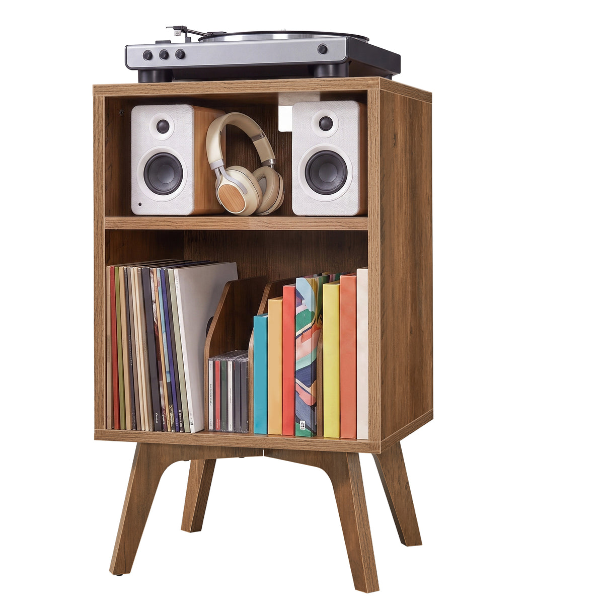 Record Player Stand, Mid-Century Vinyl Storage Side Table Holds 160 Albums, 18.9 x 15.7 x 31.5 inches, Honey Brown