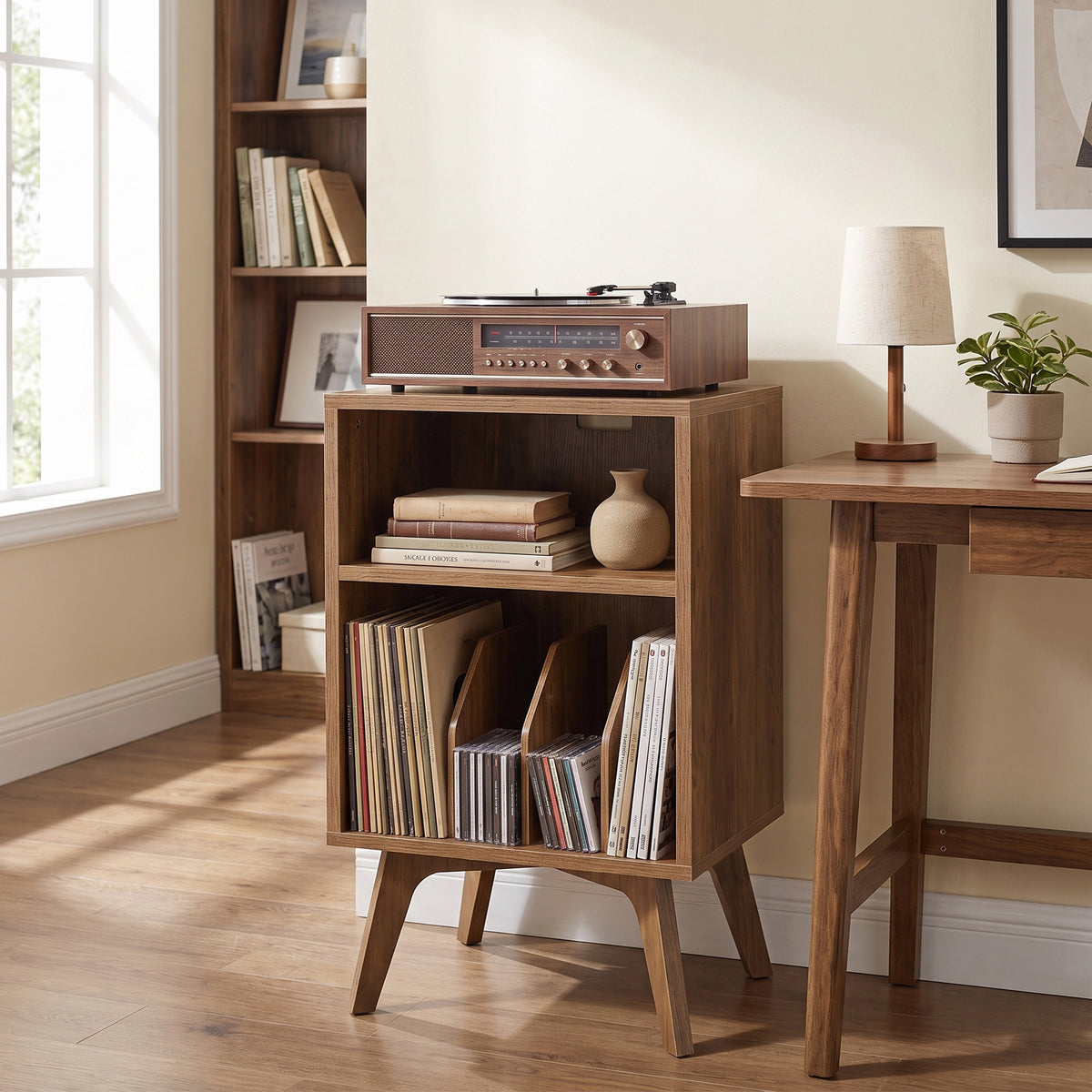 Record Player Stand, Mid-Century Vinyl Storage Side Table Holds 160 Albums, 18.9 x 15.7 x 31.5 inches, Honey Brown