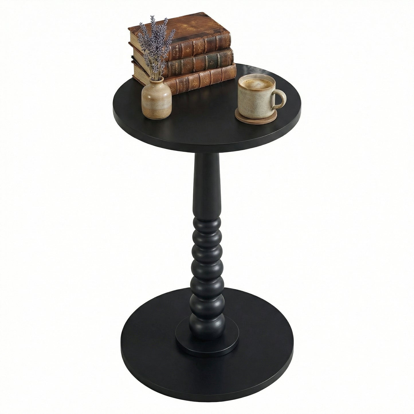 Round Side Table with Solid Wood Leg, Mid-Century Modern Accent Nightstand for Living Room, Bedroom, 11.8 x 21.7 Inches, Ink Black