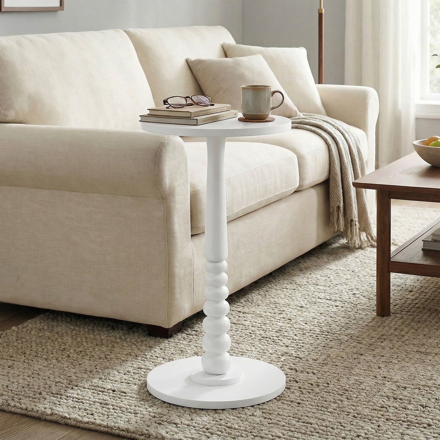 Round Side Table with Solid Wood Leg, Mid-Century Modern Accent Nightstand for Living Room, Bedroom, 11.8 x 21.7 Inches, Cloud White