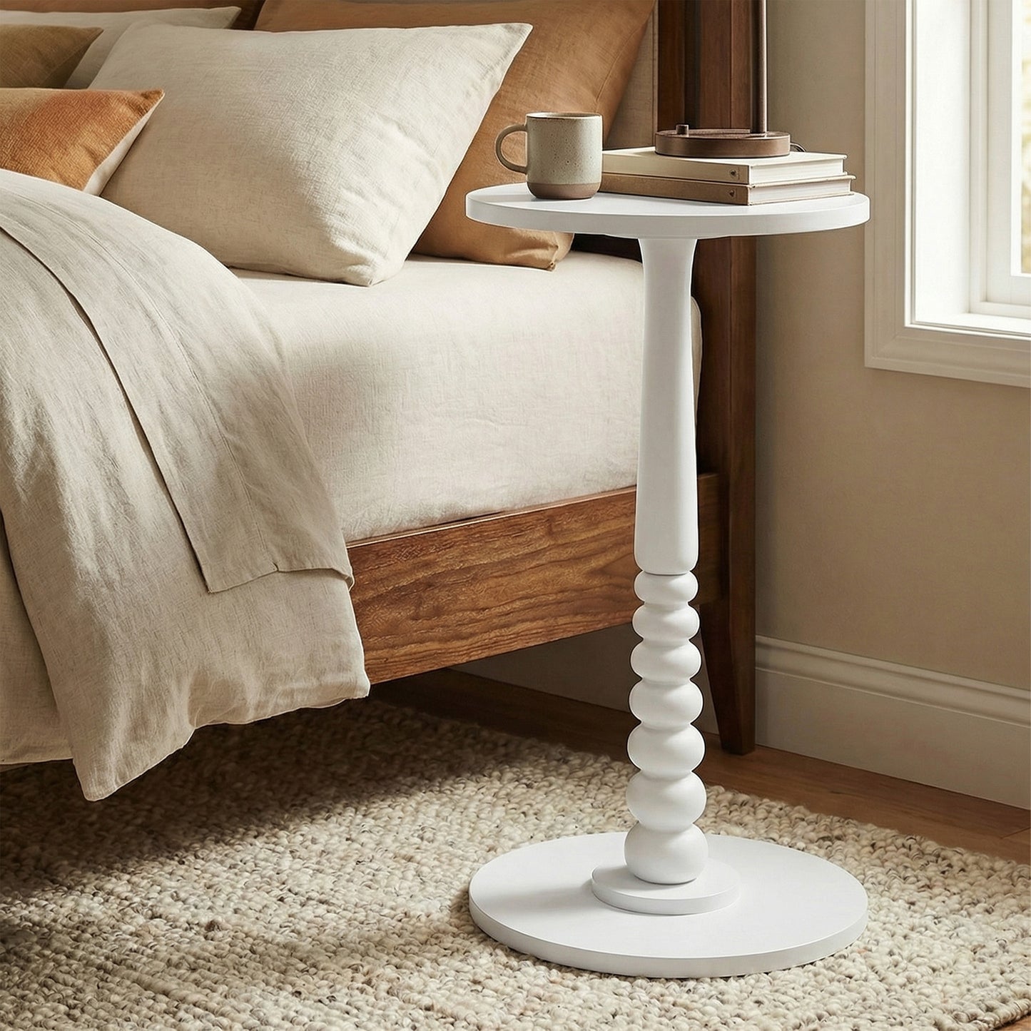 Round Side Table with Solid Wood Leg, Mid-Century Modern Accent Nightstand for Living Room, Bedroom, 11.8 x 21.7 Inches, Cloud White