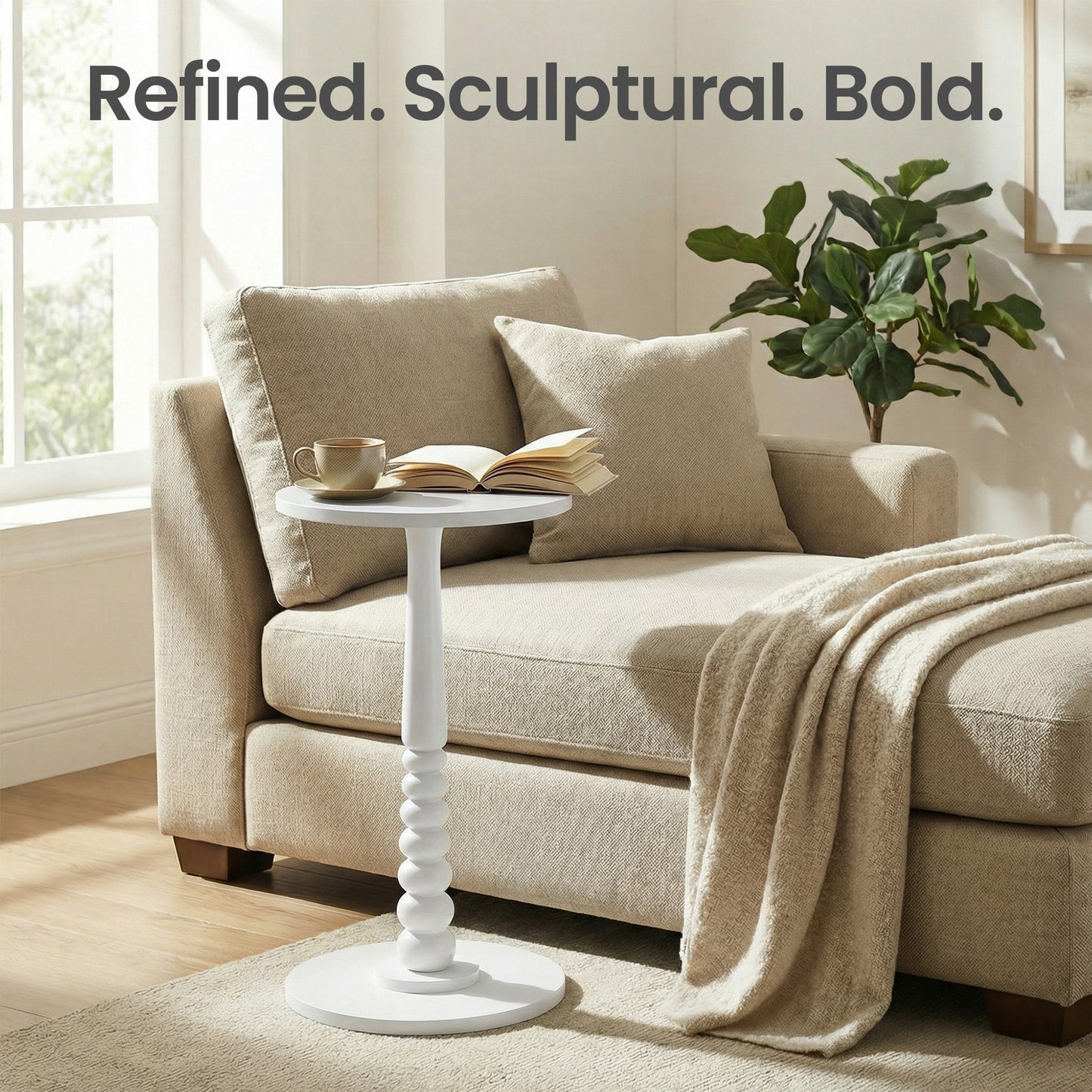 Round Side Table with Solid Wood Leg, Mid-Century Modern Accent Nightstand for Living Room, Bedroom, 11.8 x 21.7 Inches, Cloud White
