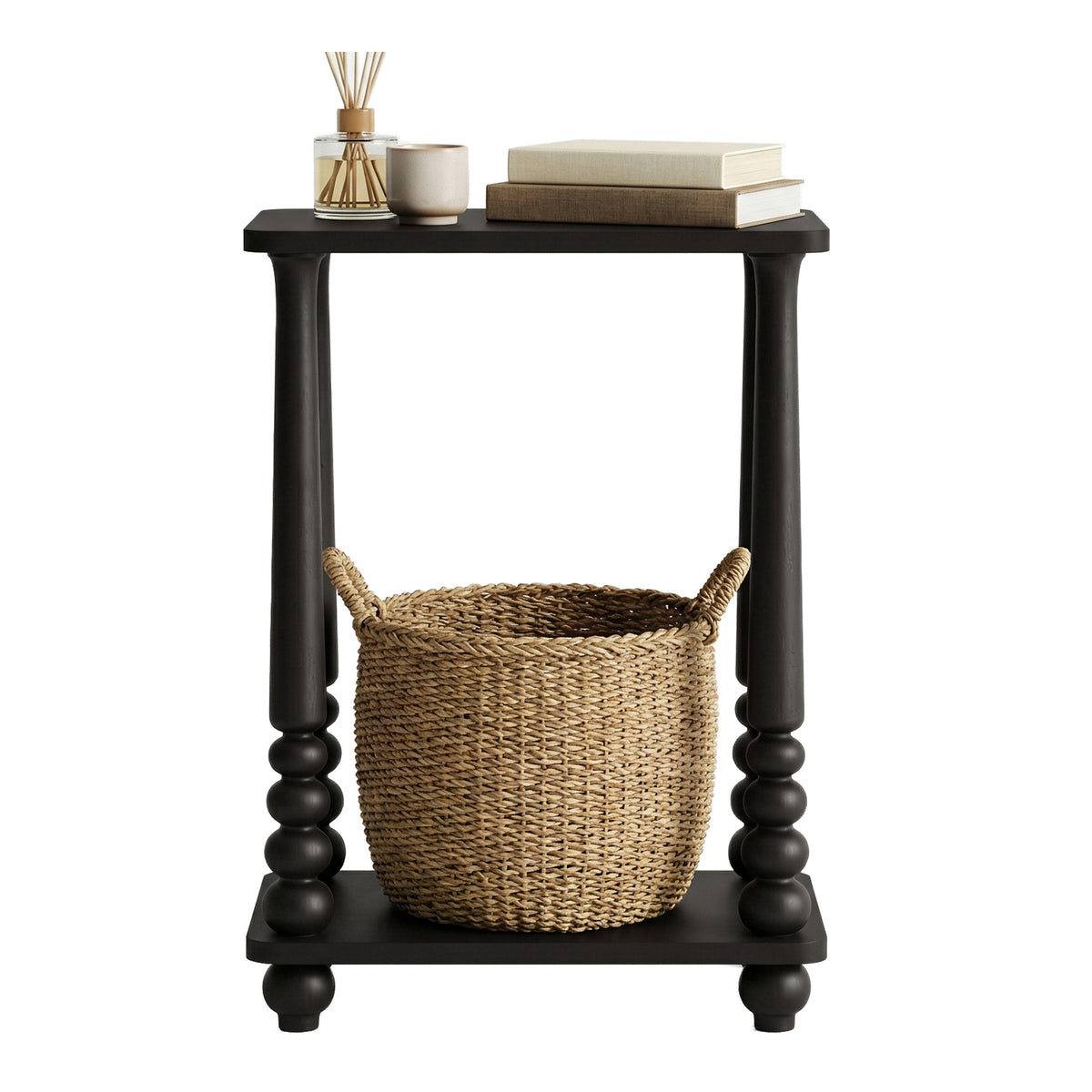 Nightstand with Shelf, Rectangular End Table, Solid Wood Legs, Mid-Century for Bedroom or Living Room, Black