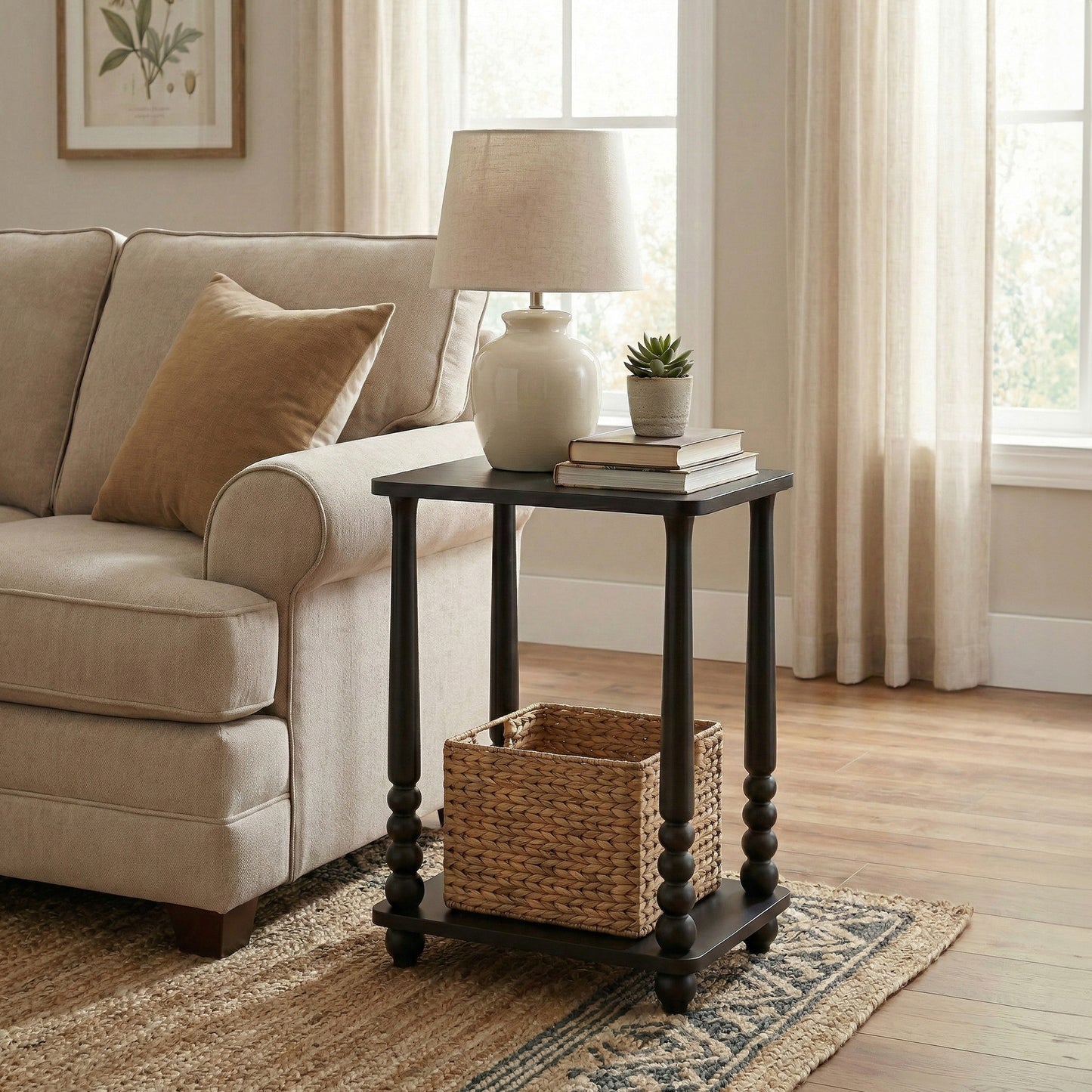 Nightstand with Shelf, Rectangular End Table, Solid Wood Legs, Mid-Century for Bedroom or Living Room, Black