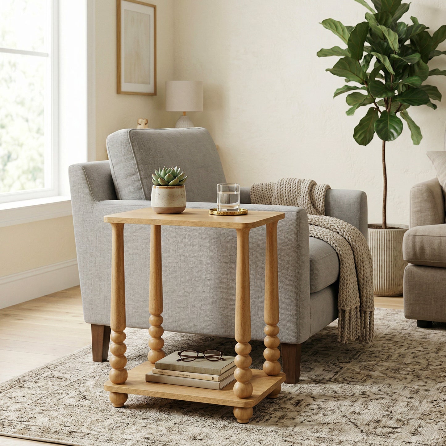 Nightstand with Shelf, Rectangular End Table, Solid Wood Legs, Mid-Century for Bedroom or Living Room, Light Brown