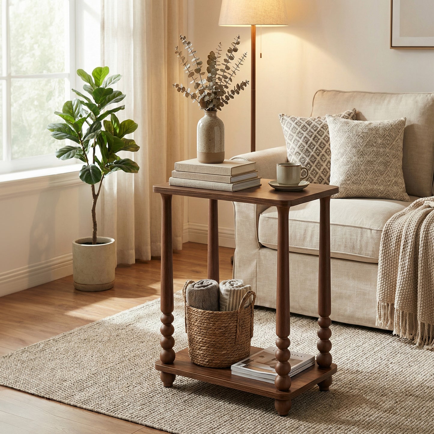 Side Table, Accent Nightstand for Small Spaces, Rectangular End Table with Shelf & Solid Wood Legs, Mid-Century Modern, Chestnut Walnut