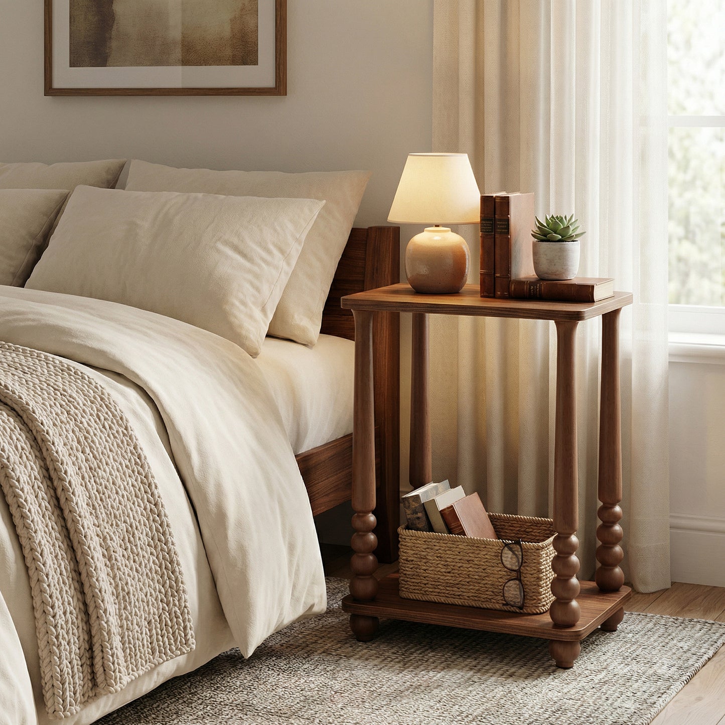 Side Table, Accent Nightstand for Small Spaces, Rectangular End Table with Shelf & Solid Wood Legs, Mid-Century Modern, Chestnut Walnut